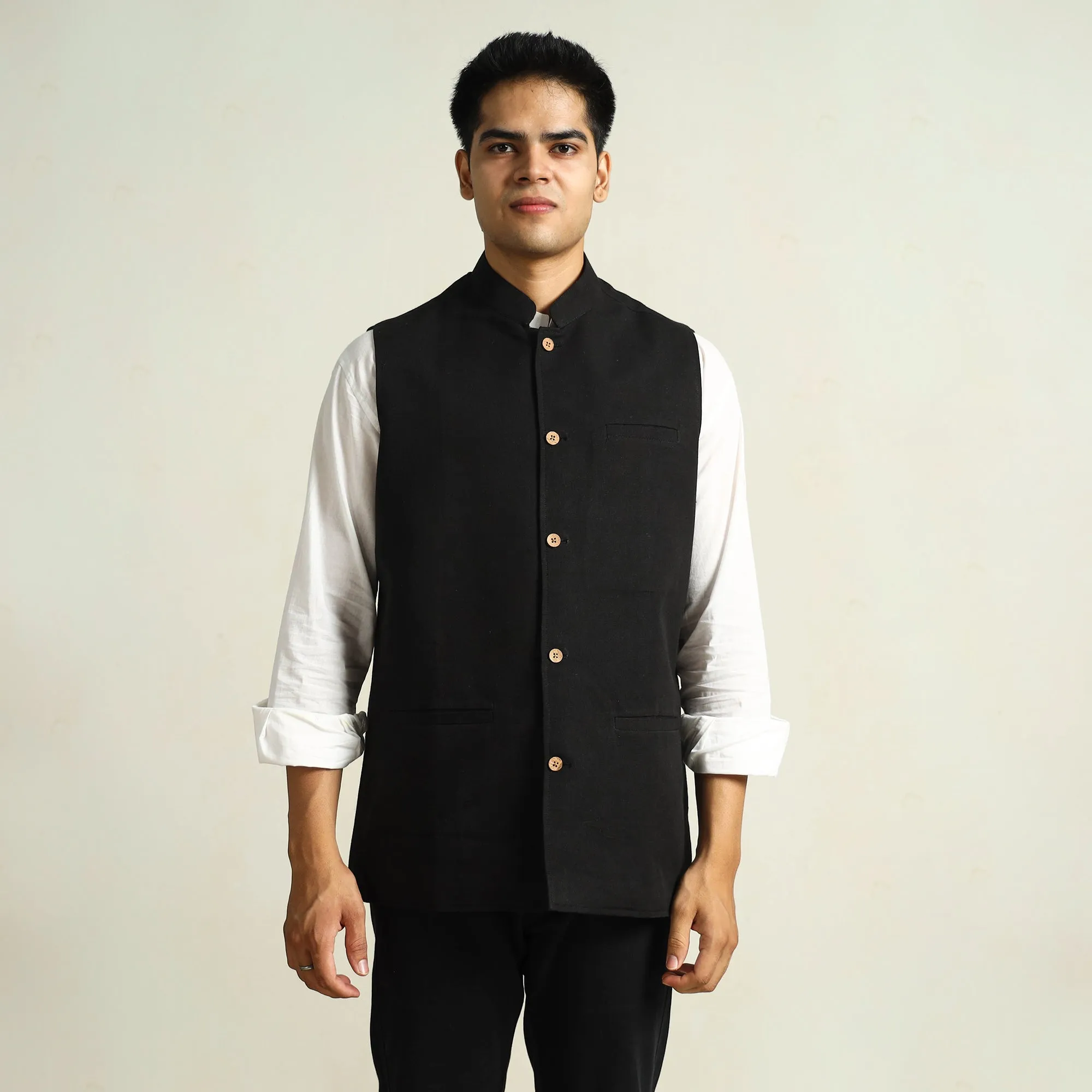 Black - Pure Cotton Handloom Men Nehru Jacket 07