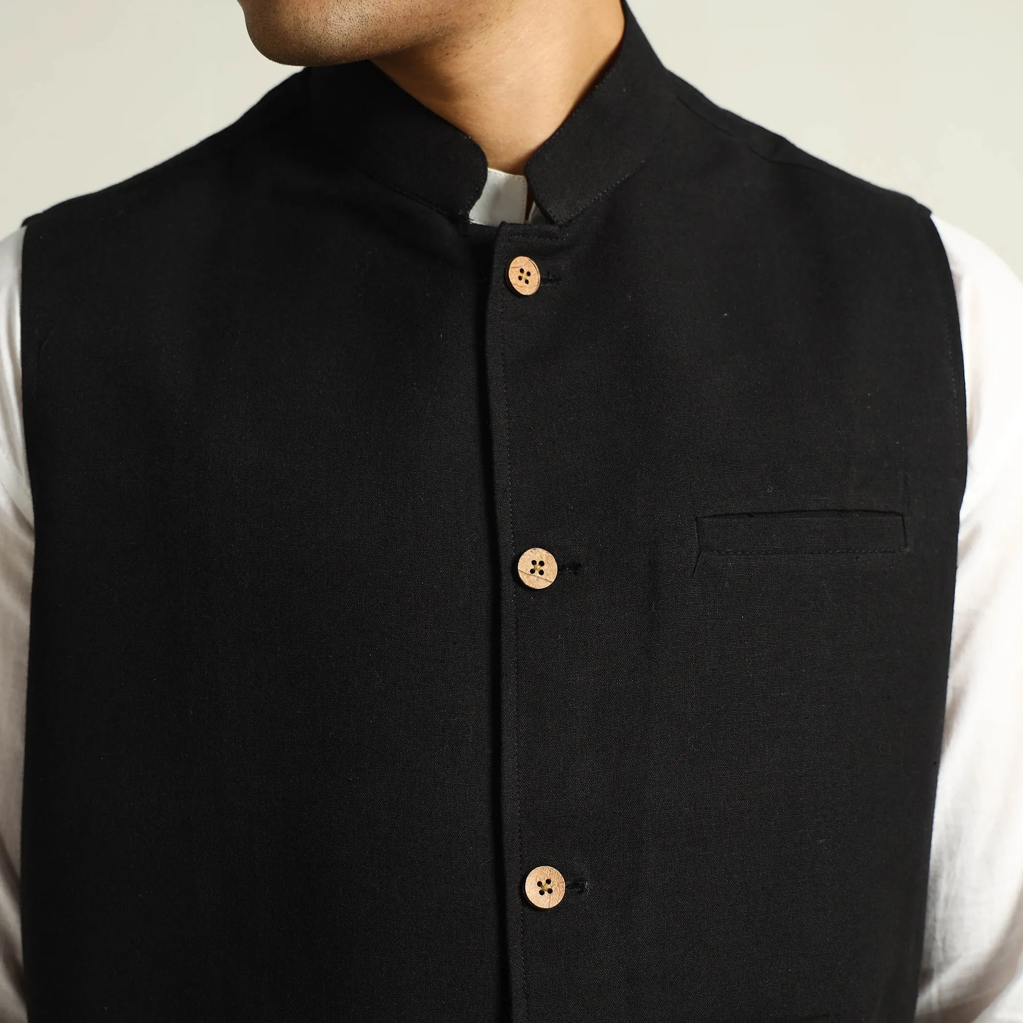 Black - Pure Cotton Handloom Men Nehru Jacket 07