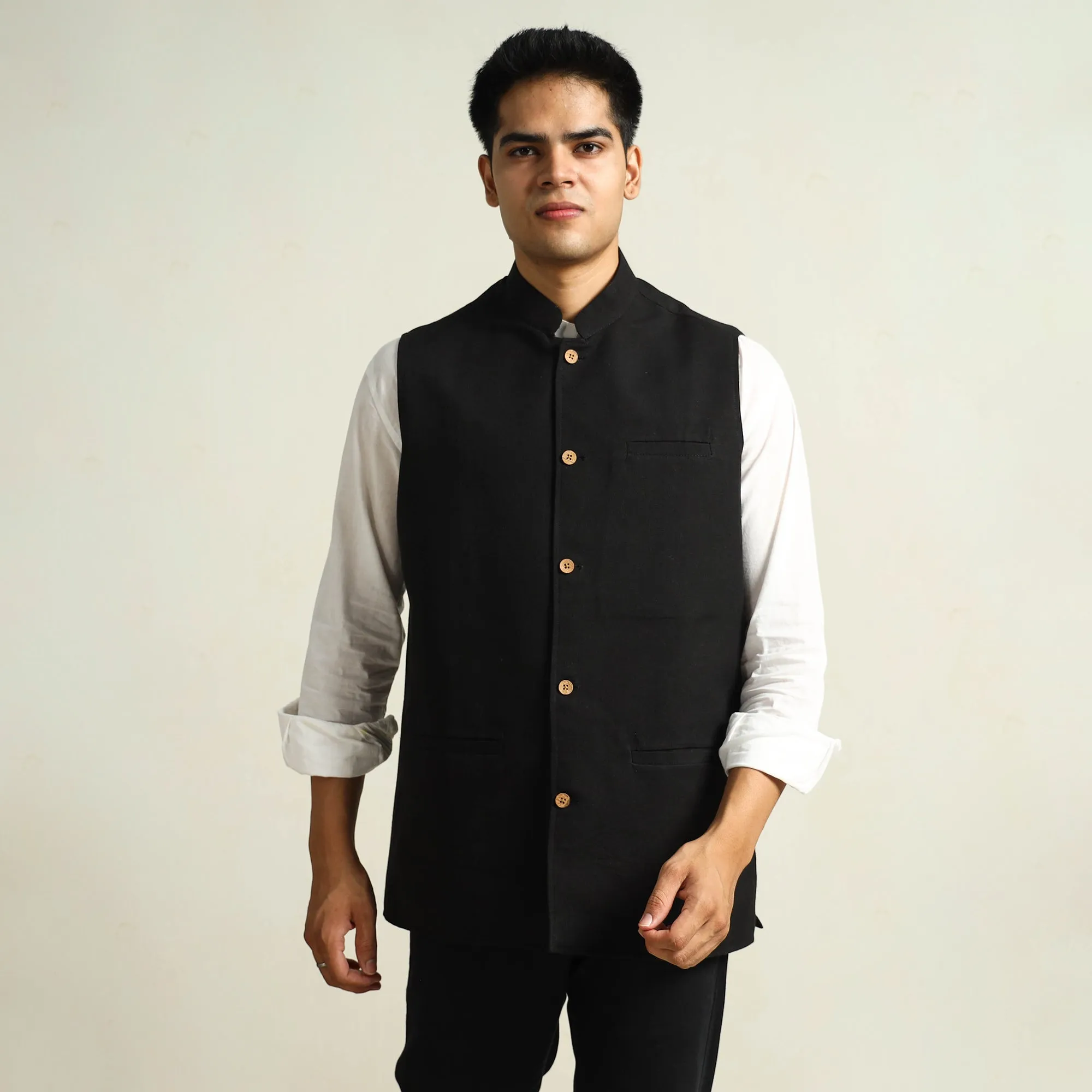 Black - Pure Cotton Handloom Men Nehru Jacket 07