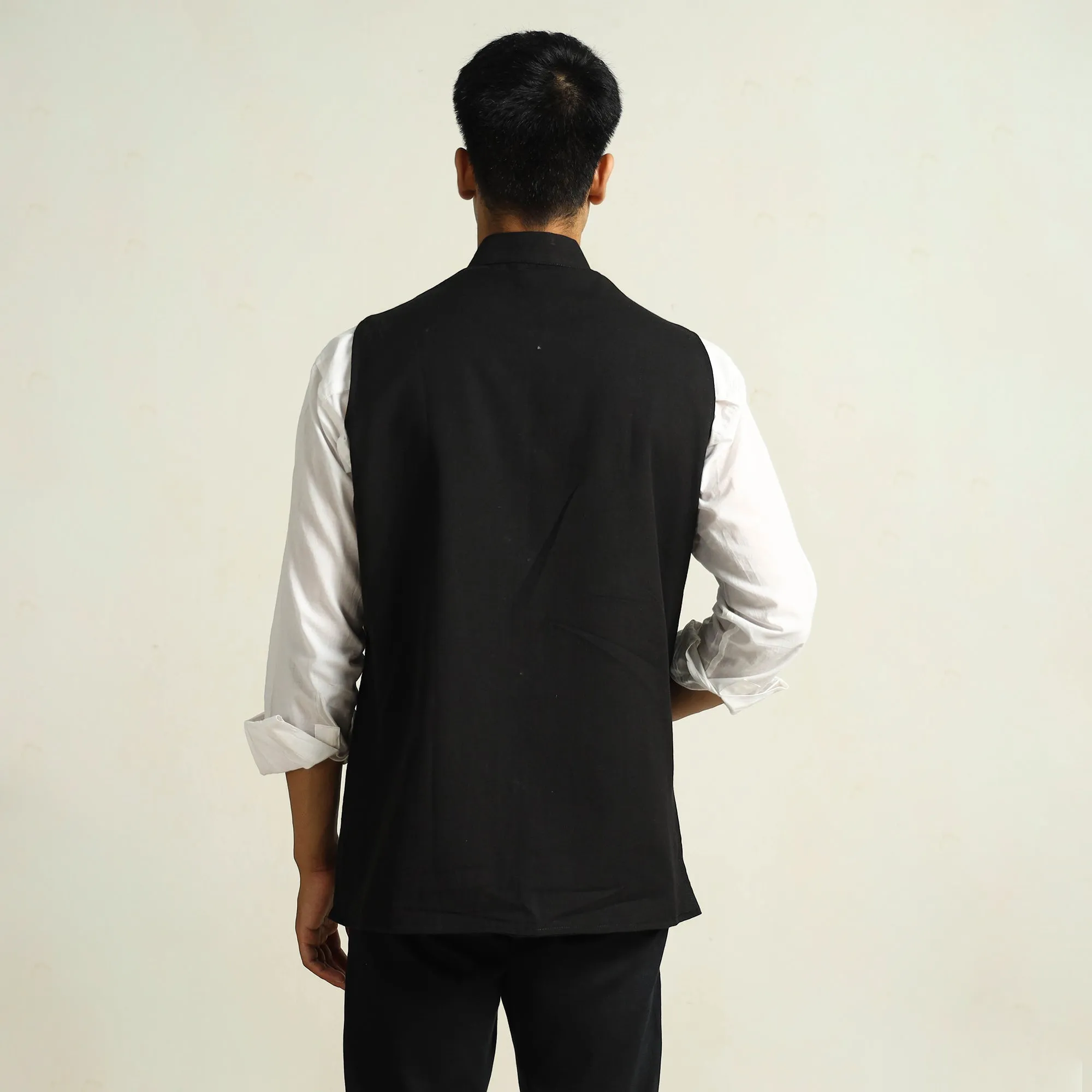 Black - Pure Cotton Handloom Men Nehru Jacket 07