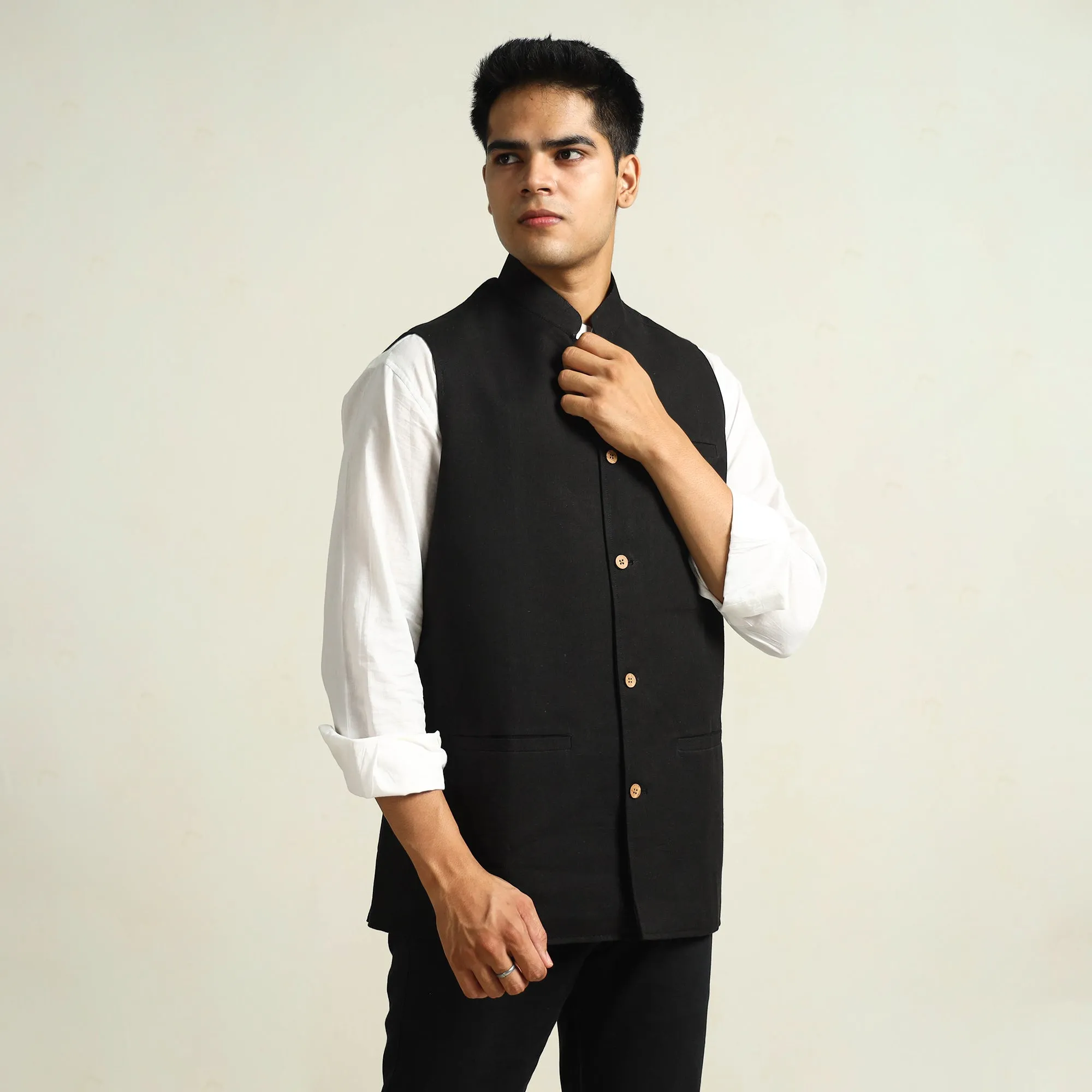 Black - Pure Cotton Handloom Men Nehru Jacket 07