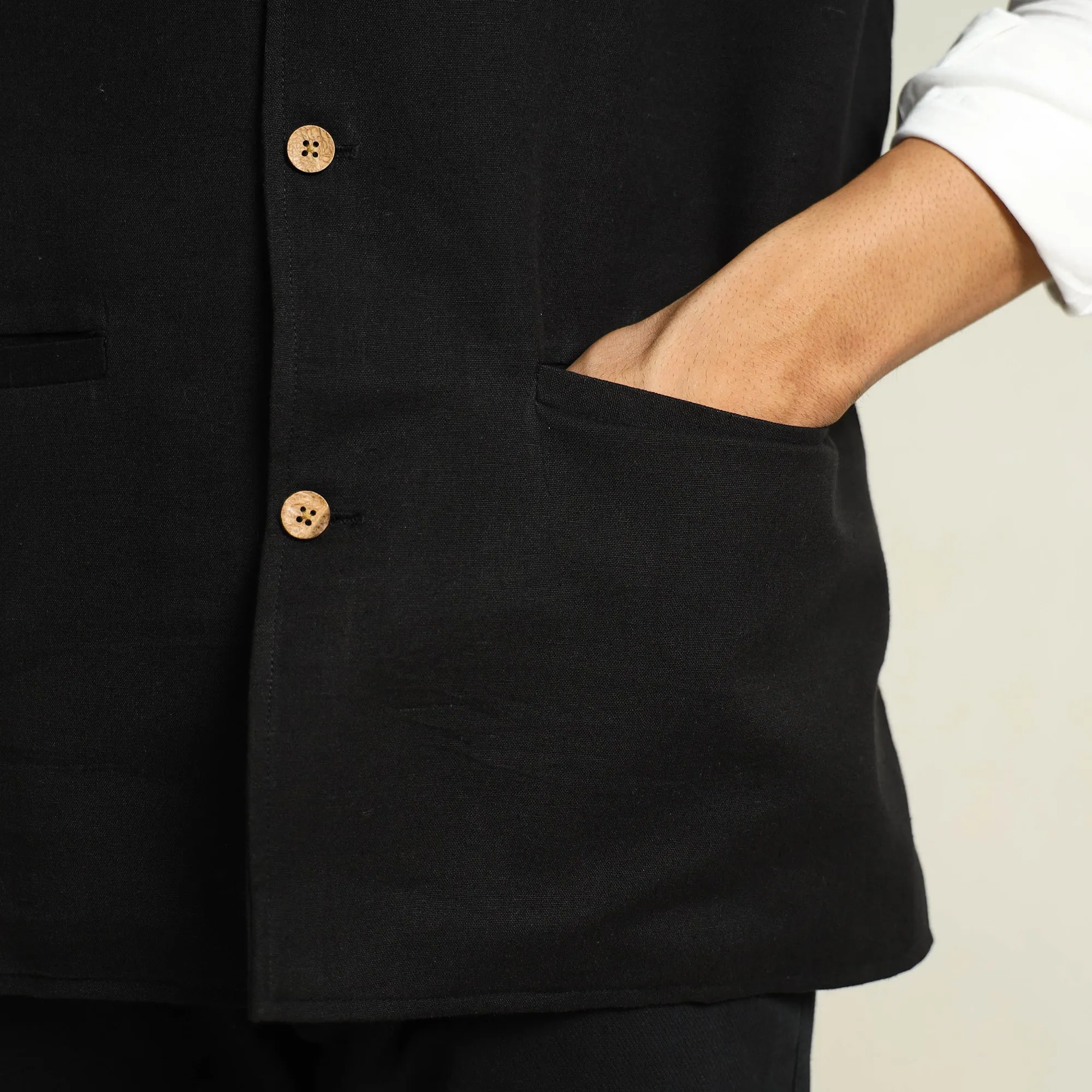 Black - Pure Cotton Handloom Men Nehru Jacket 07