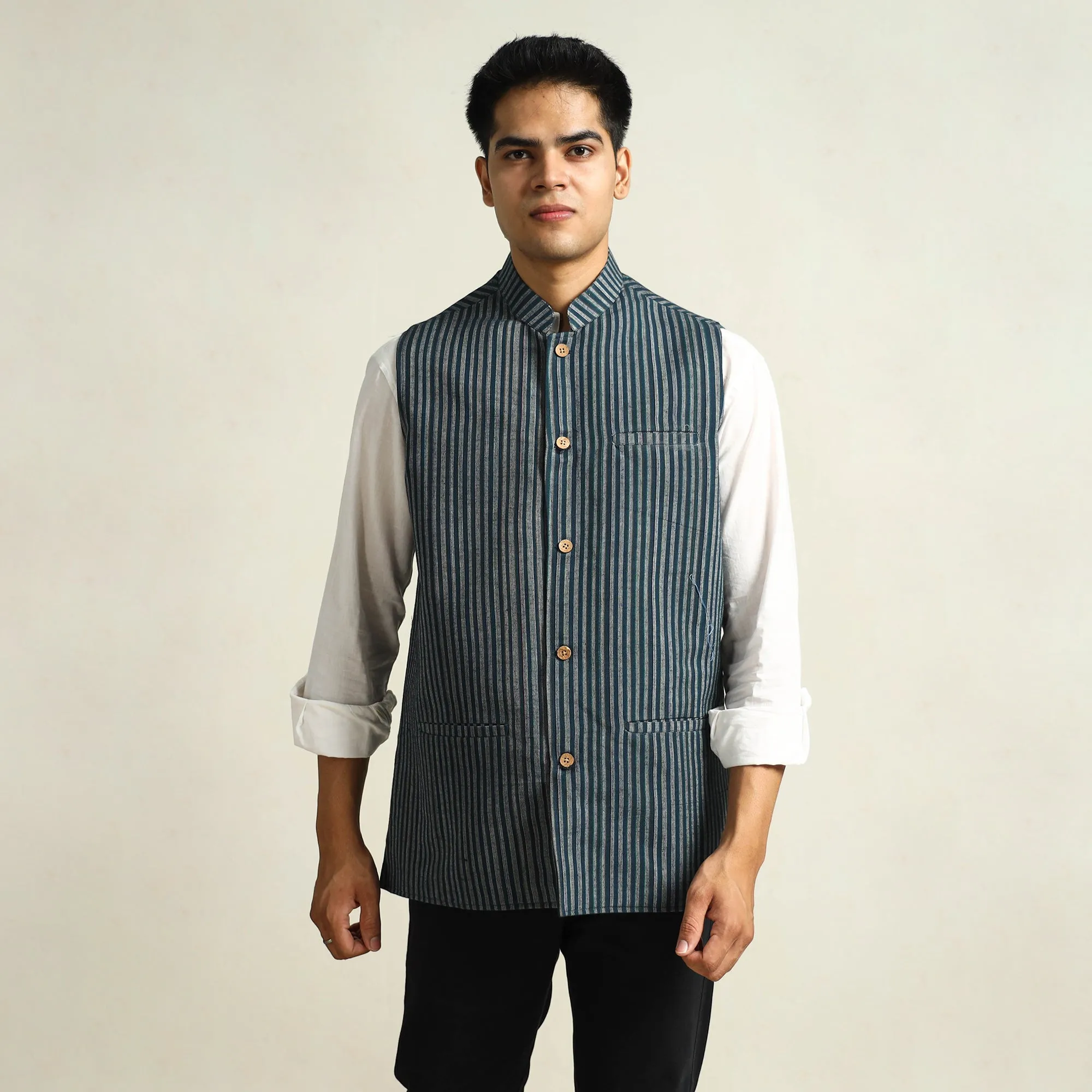 Black - Pure Cotton Handloom Men Nehru Jacket 09