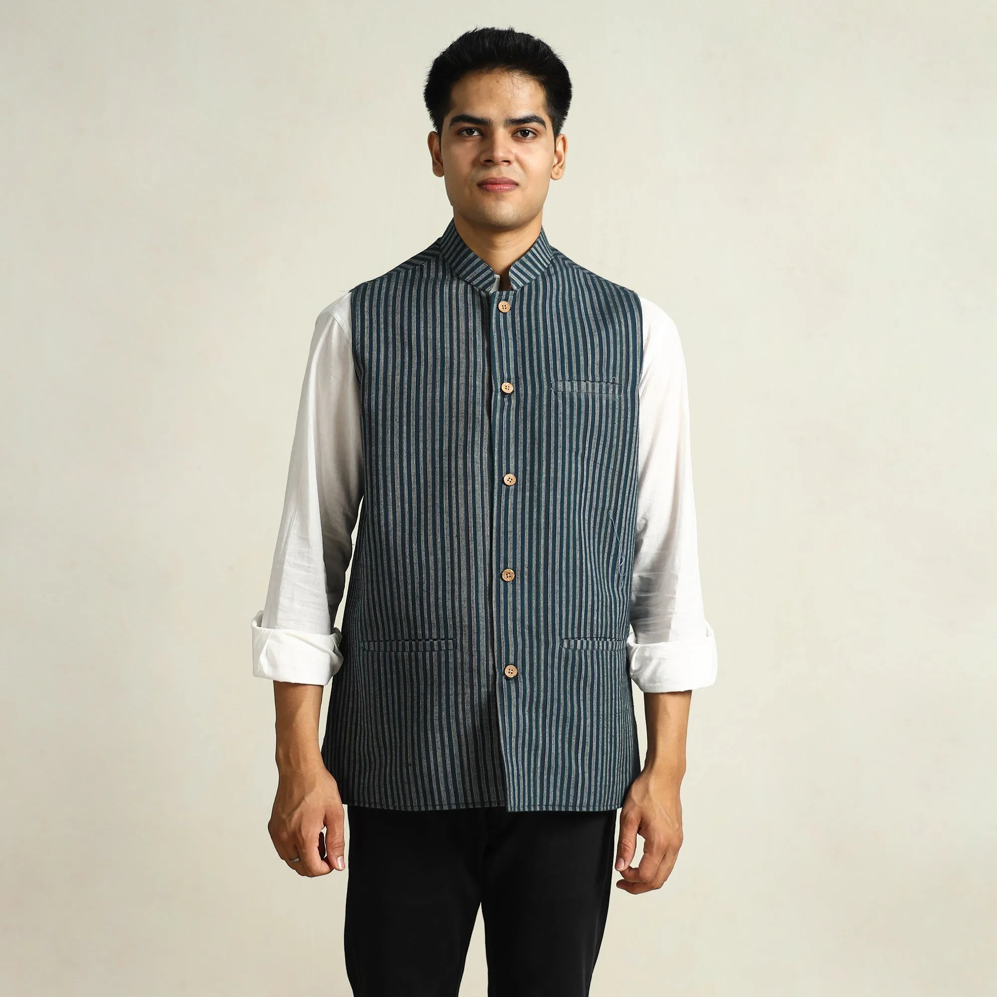 Black - Pure Cotton Handloom Men Nehru Jacket 09