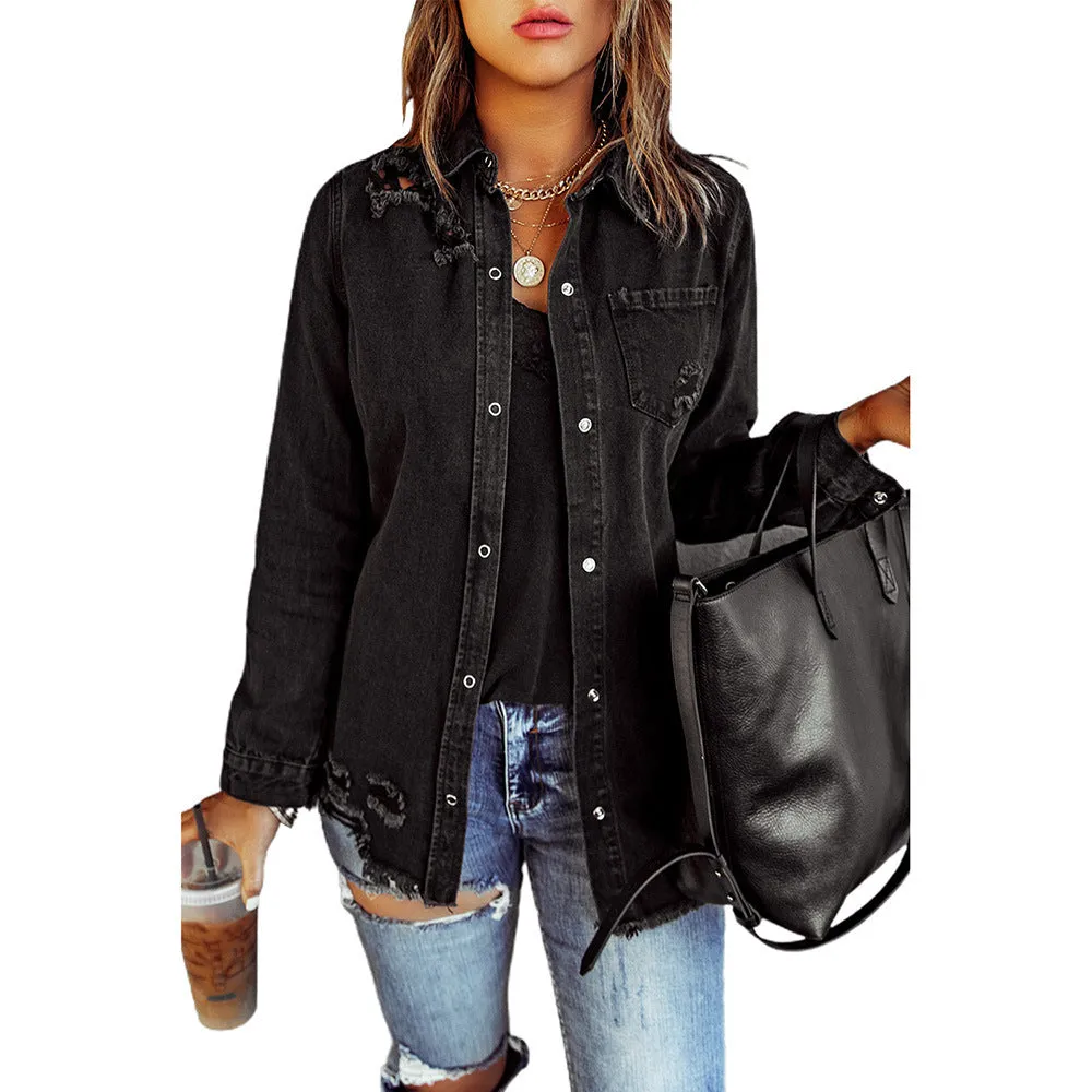 Black Ripped Denim Long Sleeve Jacket