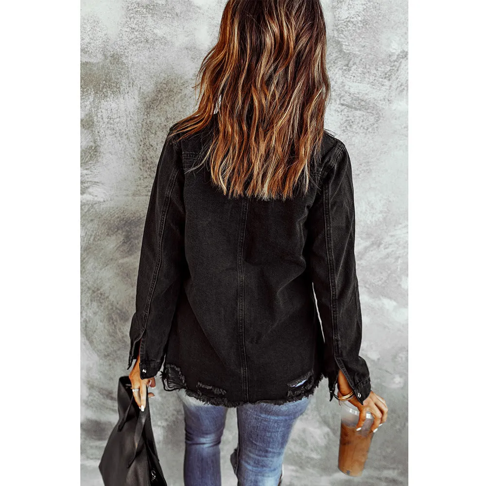 Black Ripped Denim Long Sleeve Jacket