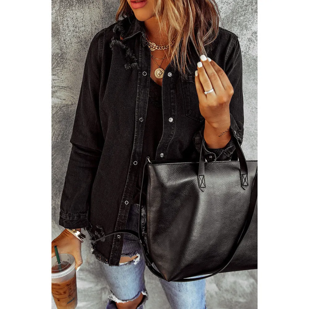 Black Ripped Denim Long Sleeve Jacket