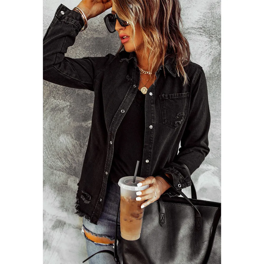 Black Ripped Denim Long Sleeve Jacket