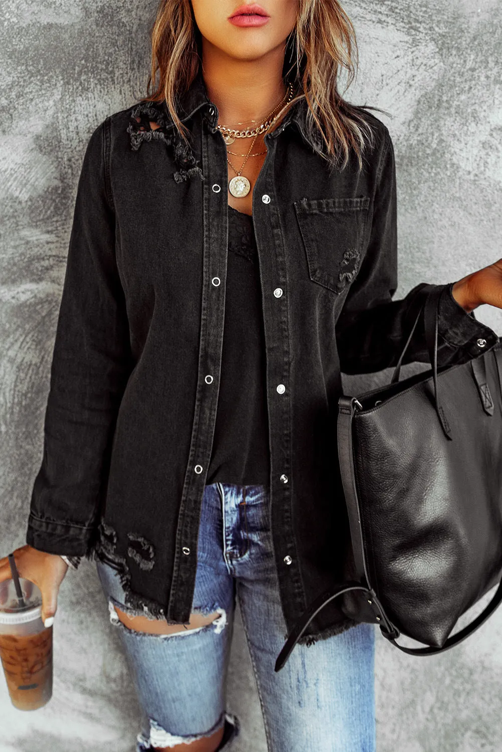 Black Ripped Denim Long Sleeve Jacket