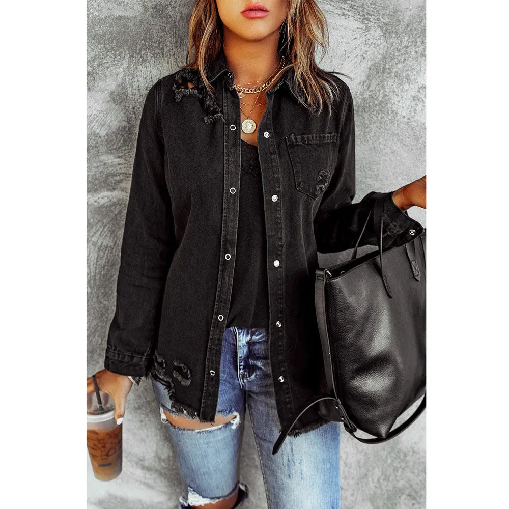 Black Ripped Denim Long Sleeve Jacket