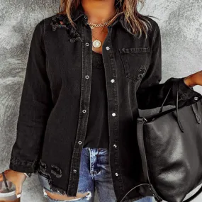 Black Ripped Denim Long Sleeve Jacket