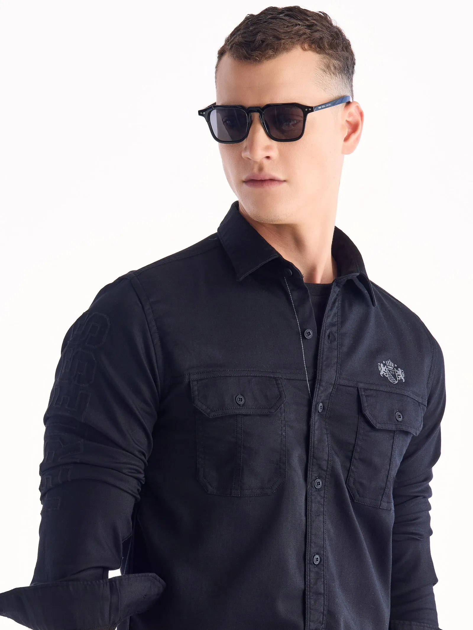 Black Solid Denim Shirt