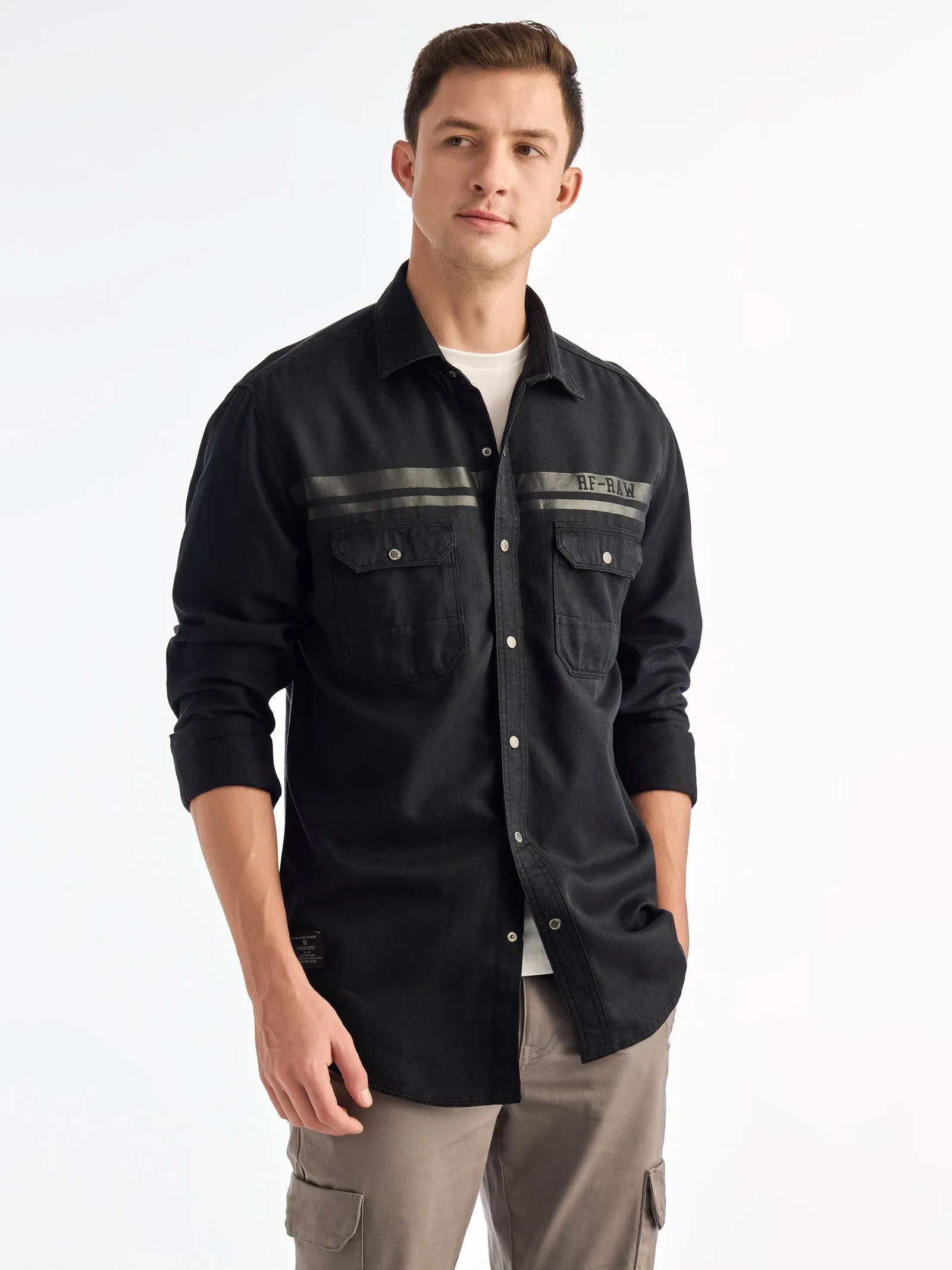 Black Solid Denim Urban Shirt