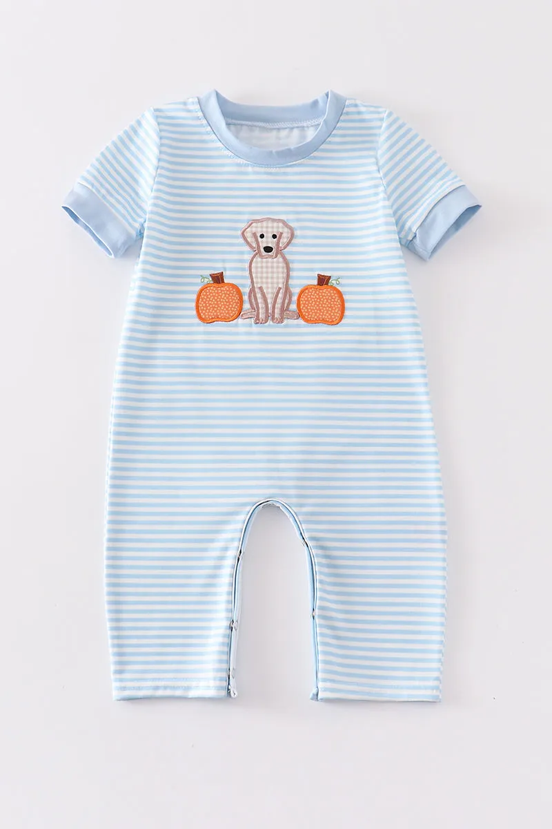 Blue dog pumpkin applique boy romper