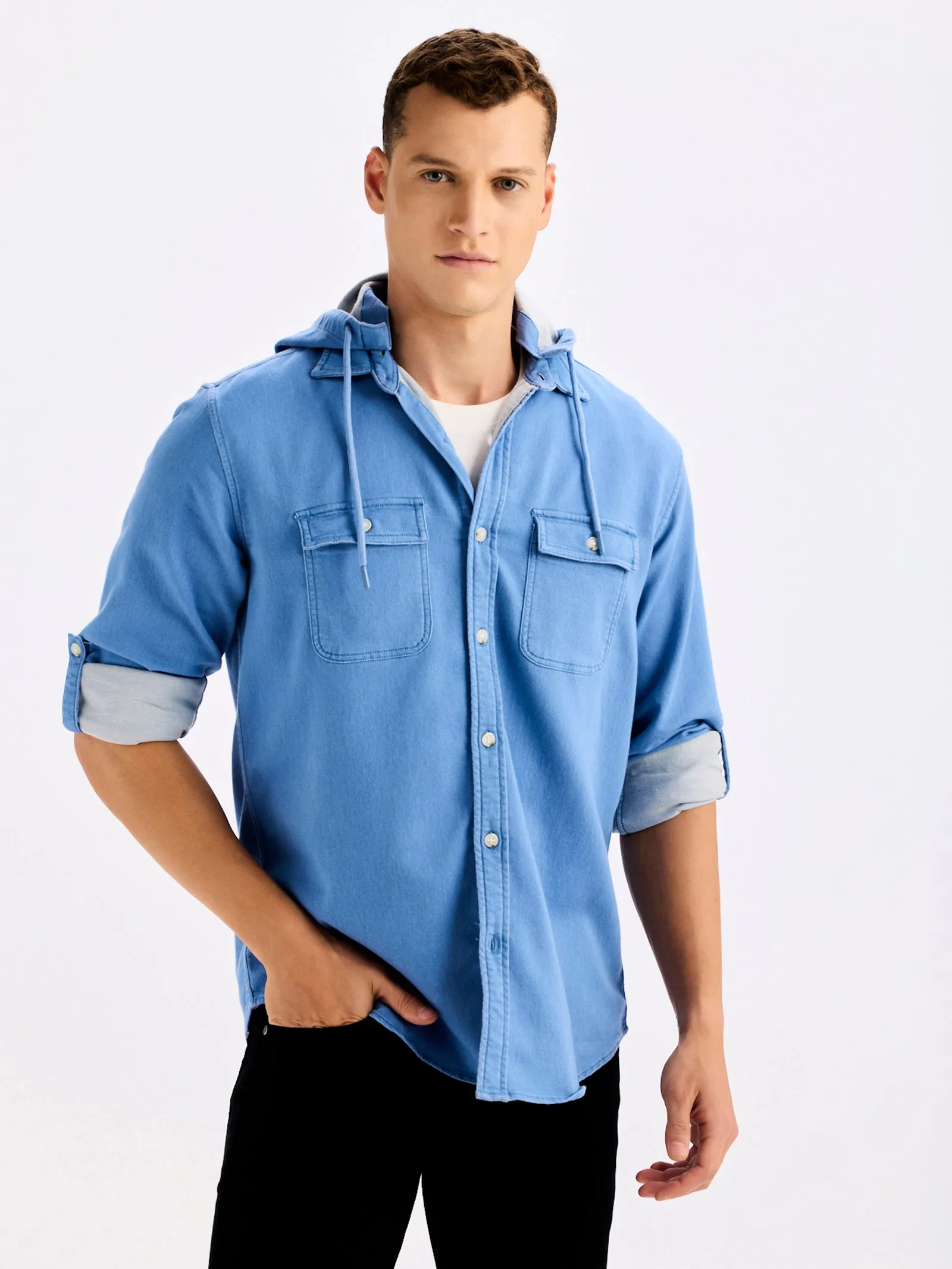 Blue Hooded Denim Shirt