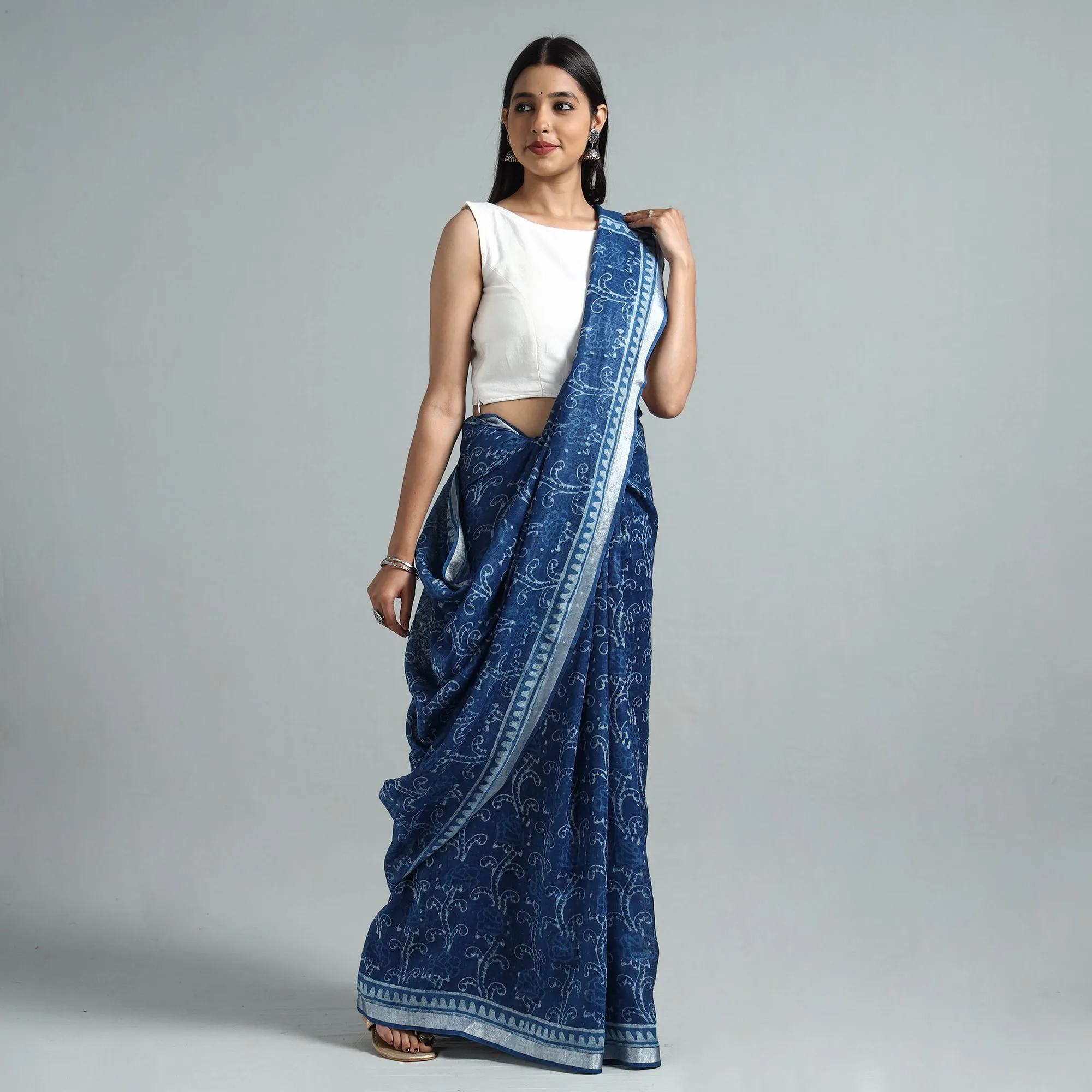 Blue - Sanganeri Block Printed Linen Handloom Saree