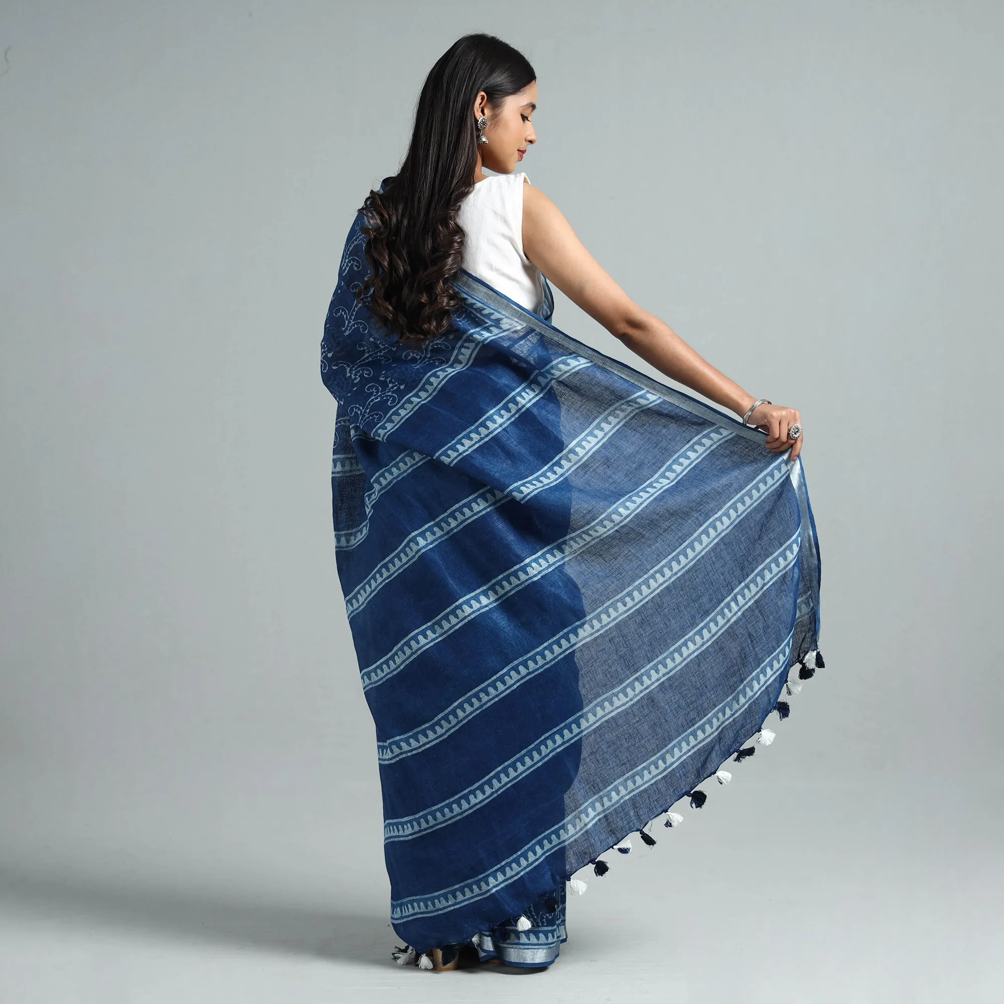 Blue - Sanganeri Block Printed Linen Handloom Saree