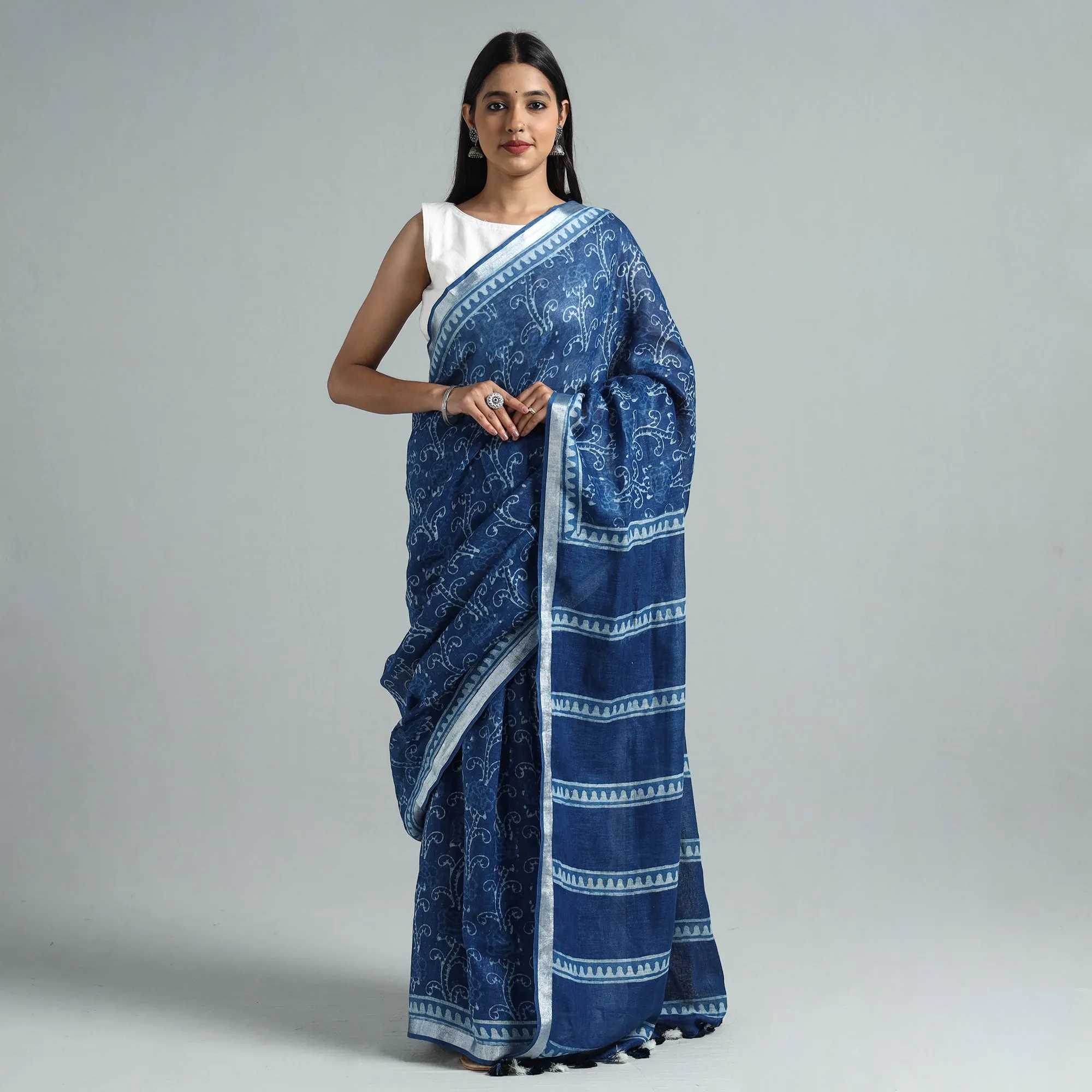 Blue - Sanganeri Block Printed Linen Handloom Saree