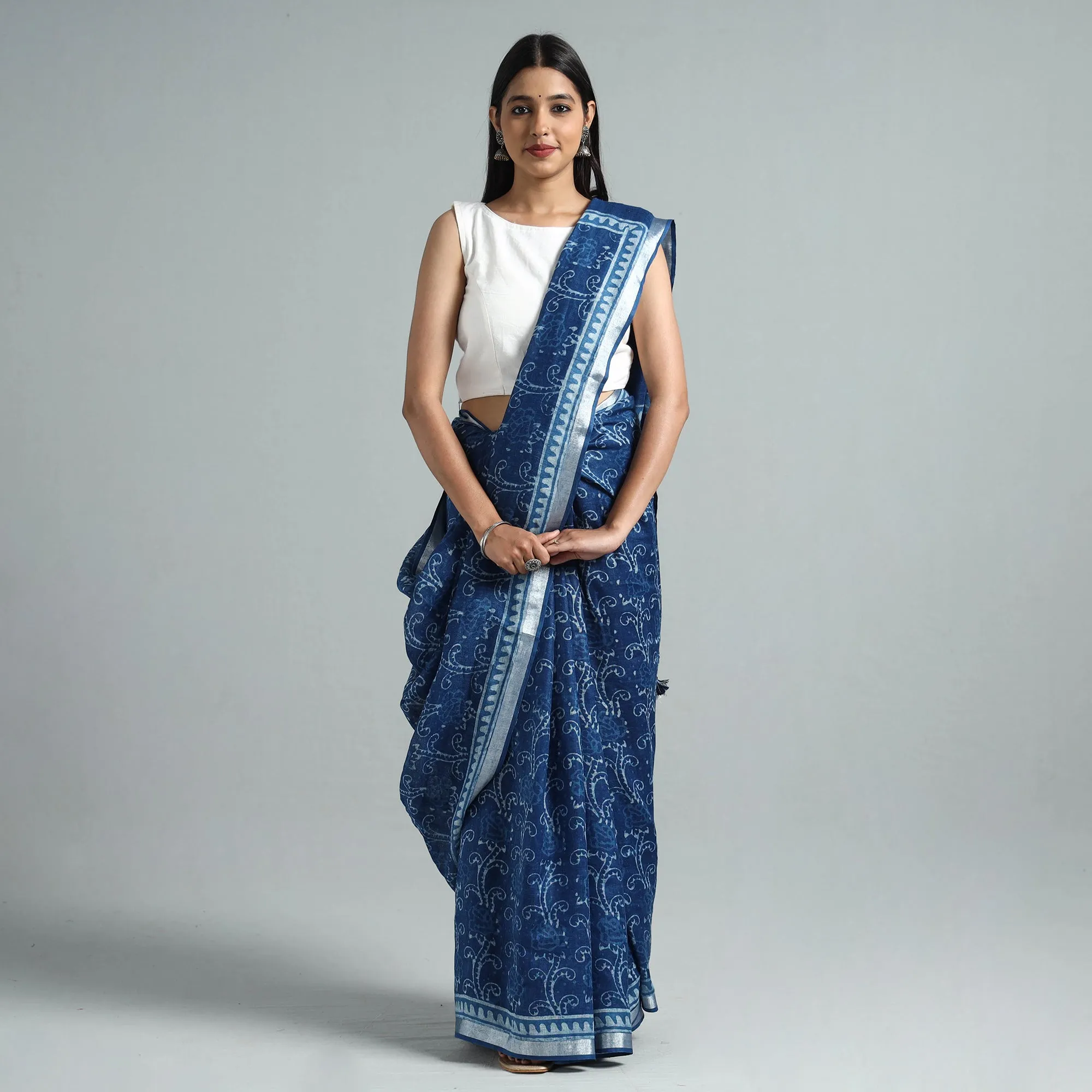 Blue - Sanganeri Block Printed Linen Handloom Saree