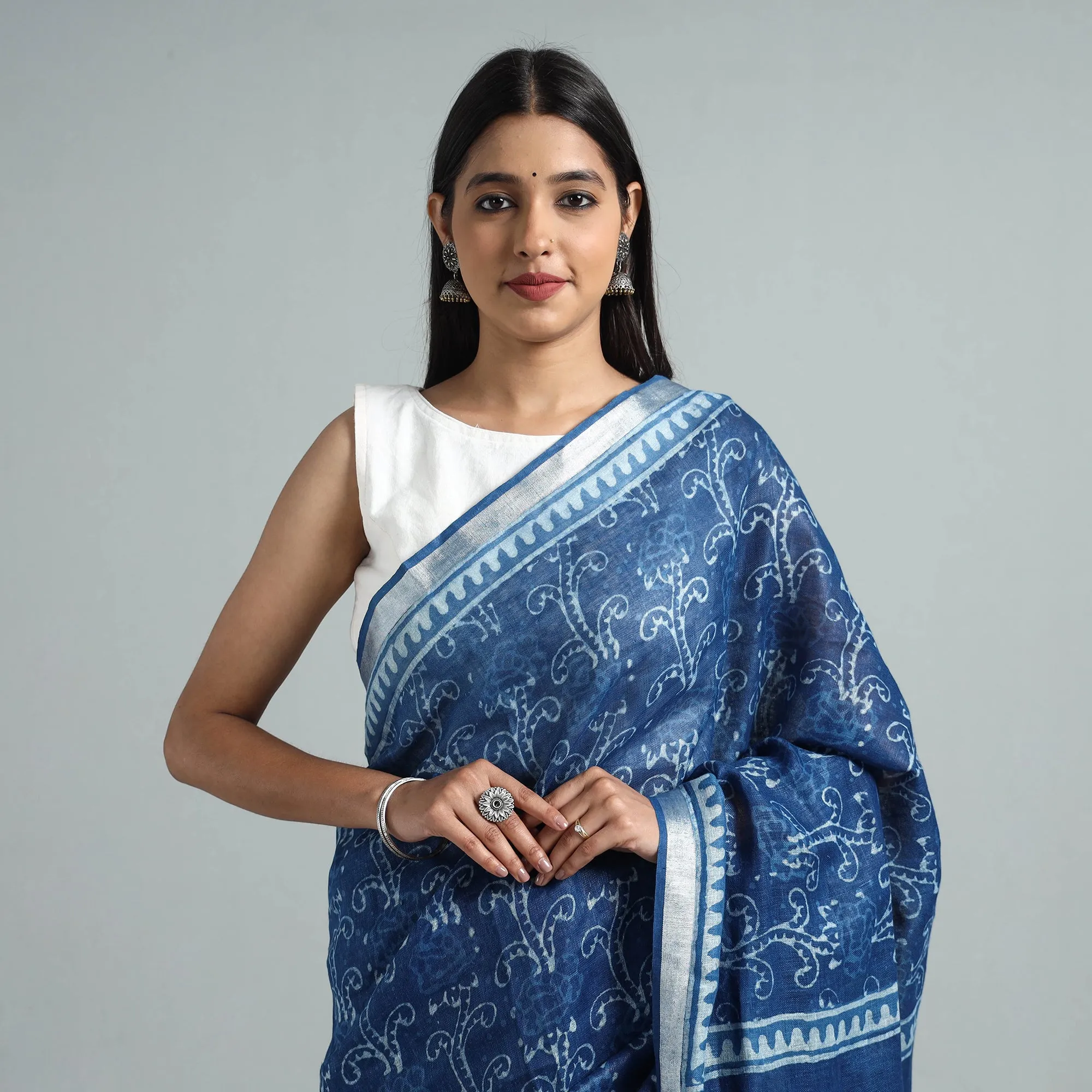 Blue - Sanganeri Block Printed Linen Handloom Saree