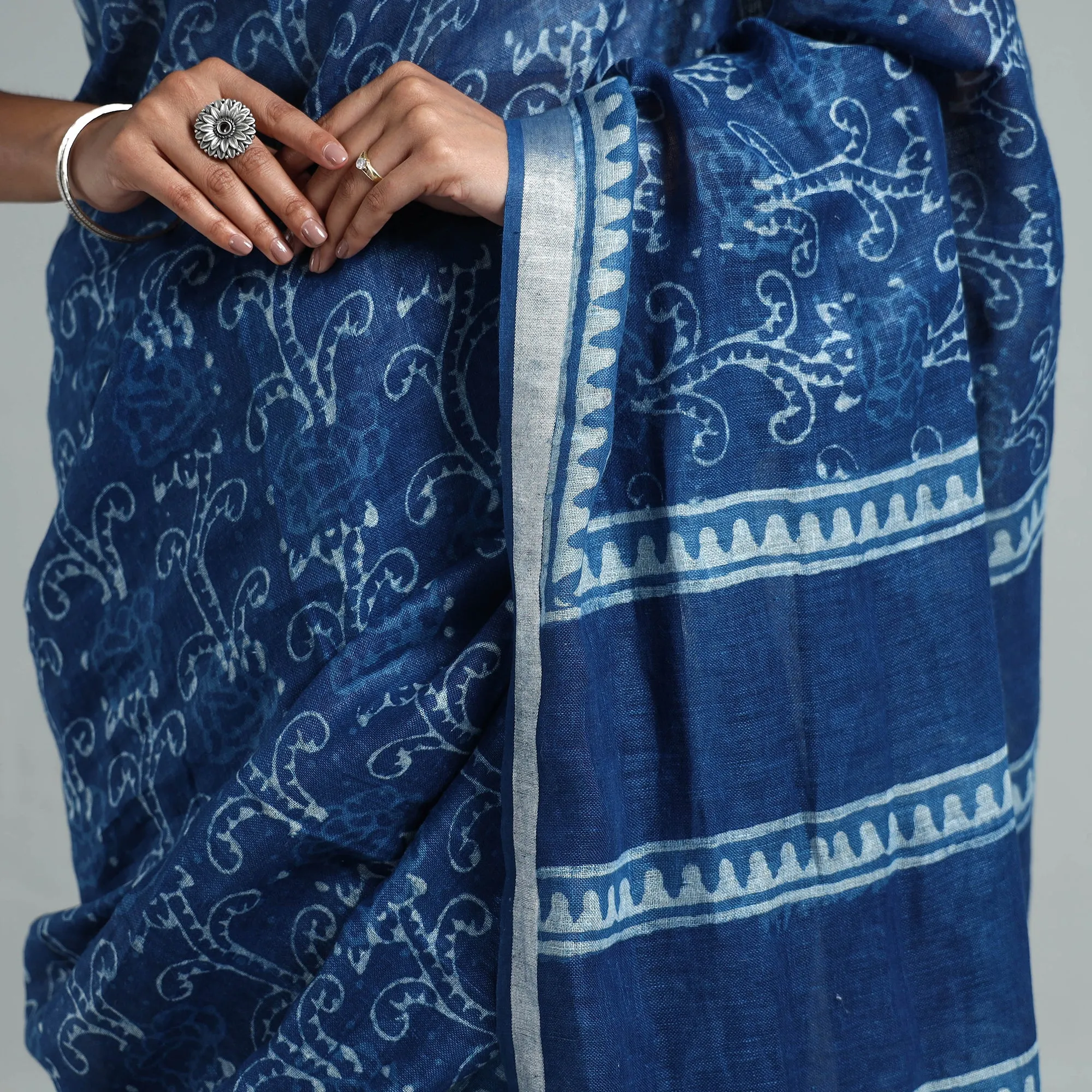 Blue - Sanganeri Block Printed Linen Handloom Saree