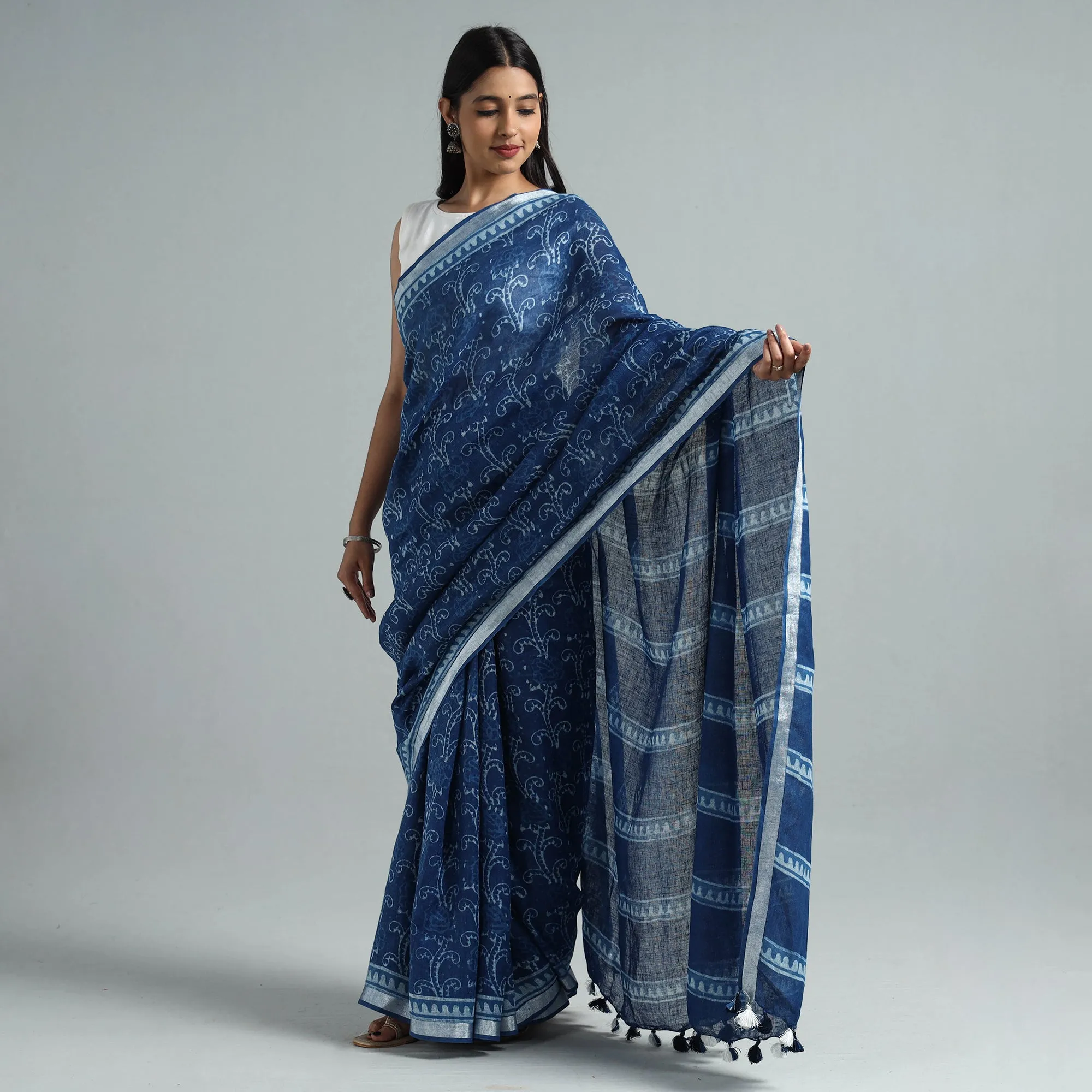 Blue - Sanganeri Block Printed Linen Handloom Saree