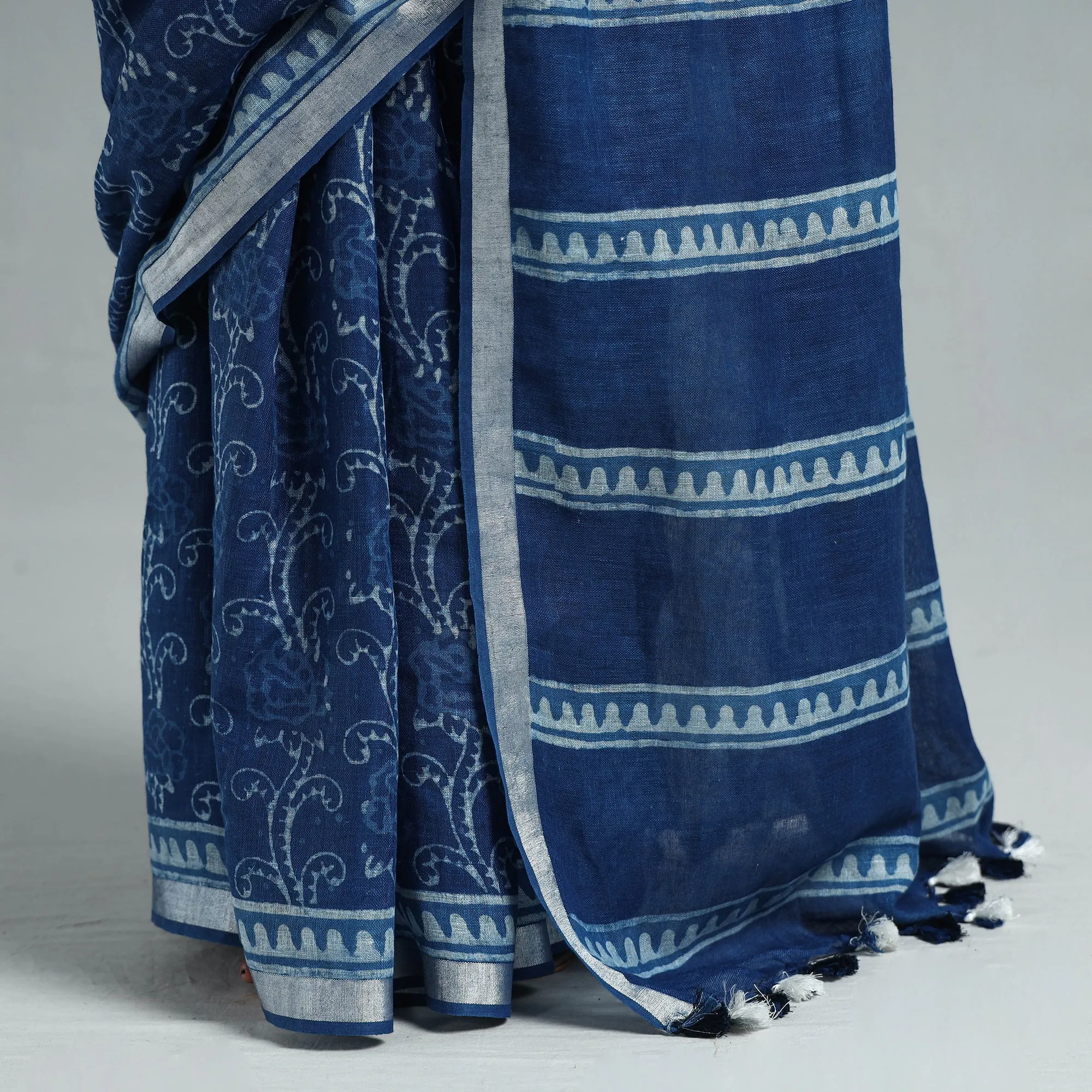 Blue - Sanganeri Block Printed Linen Handloom Saree