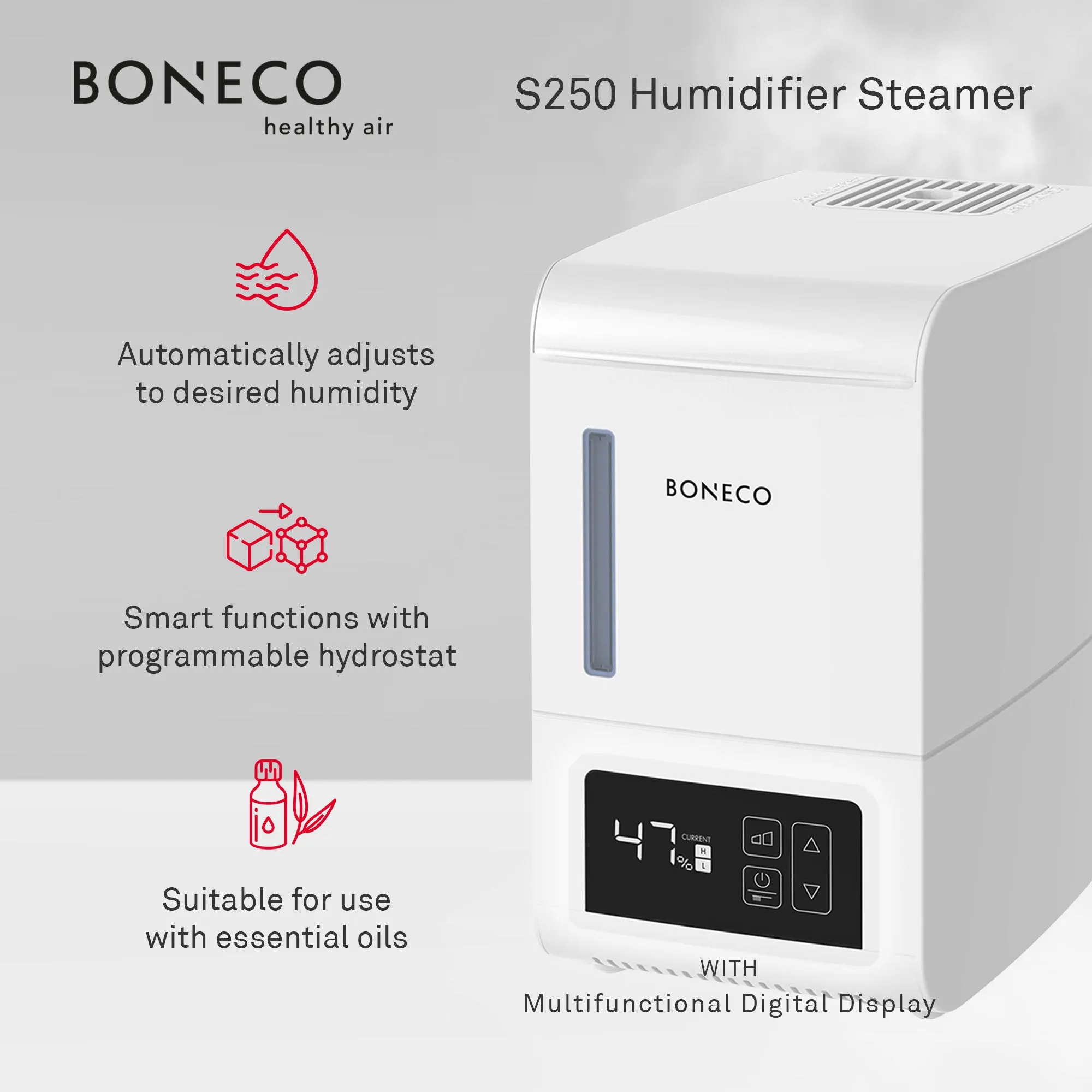 BONECO S250 Large Room Steam Humidifier with Hand Warm Mist and Digital Display