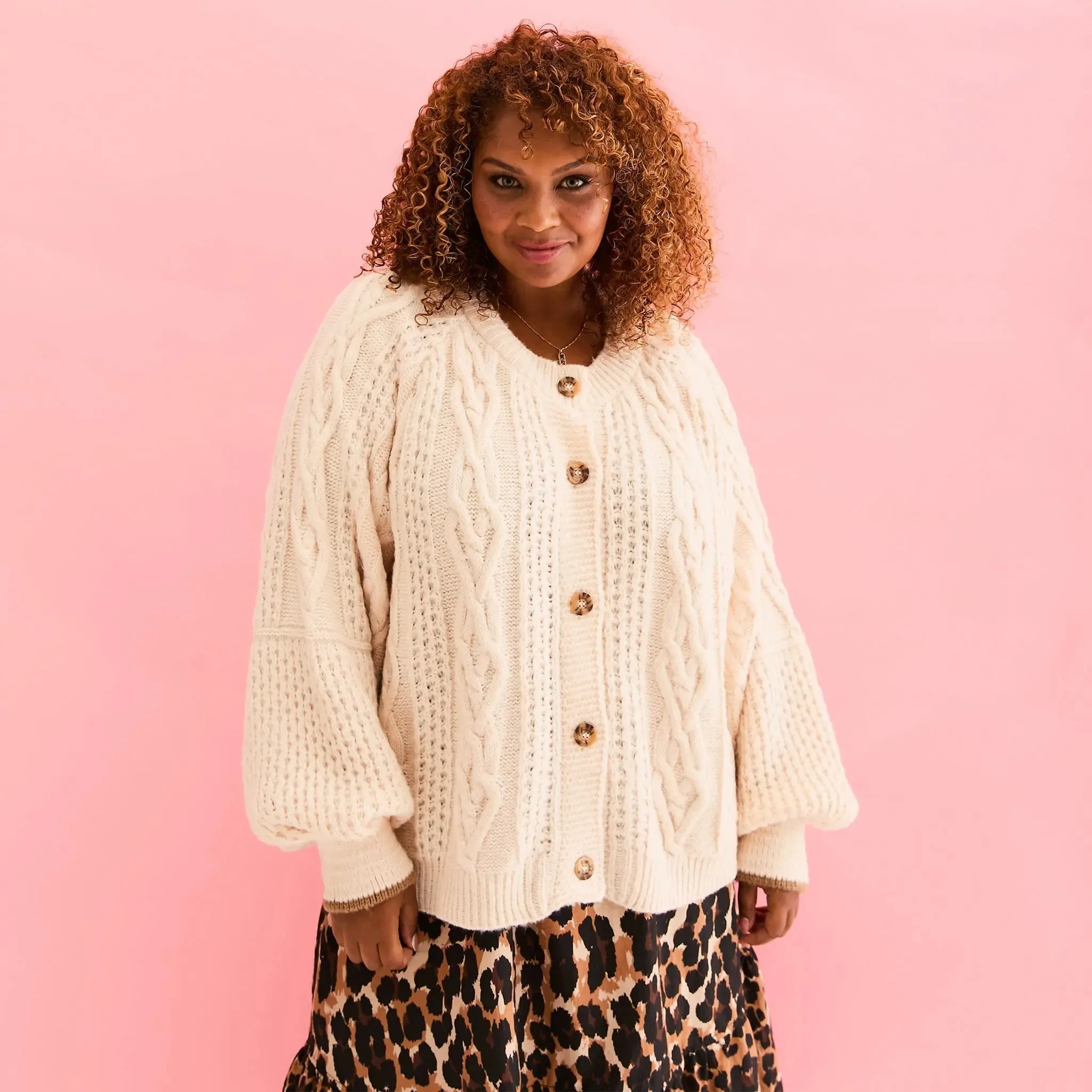 Brigit Heart Stitch Balloon Sleeve Cardigan - Off White