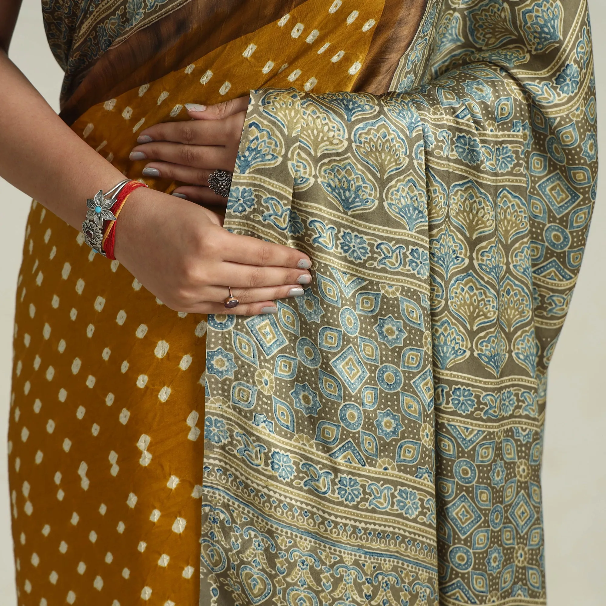 Brown - Bandhani Block Printed Ajrakh Modal Silk Saree 01