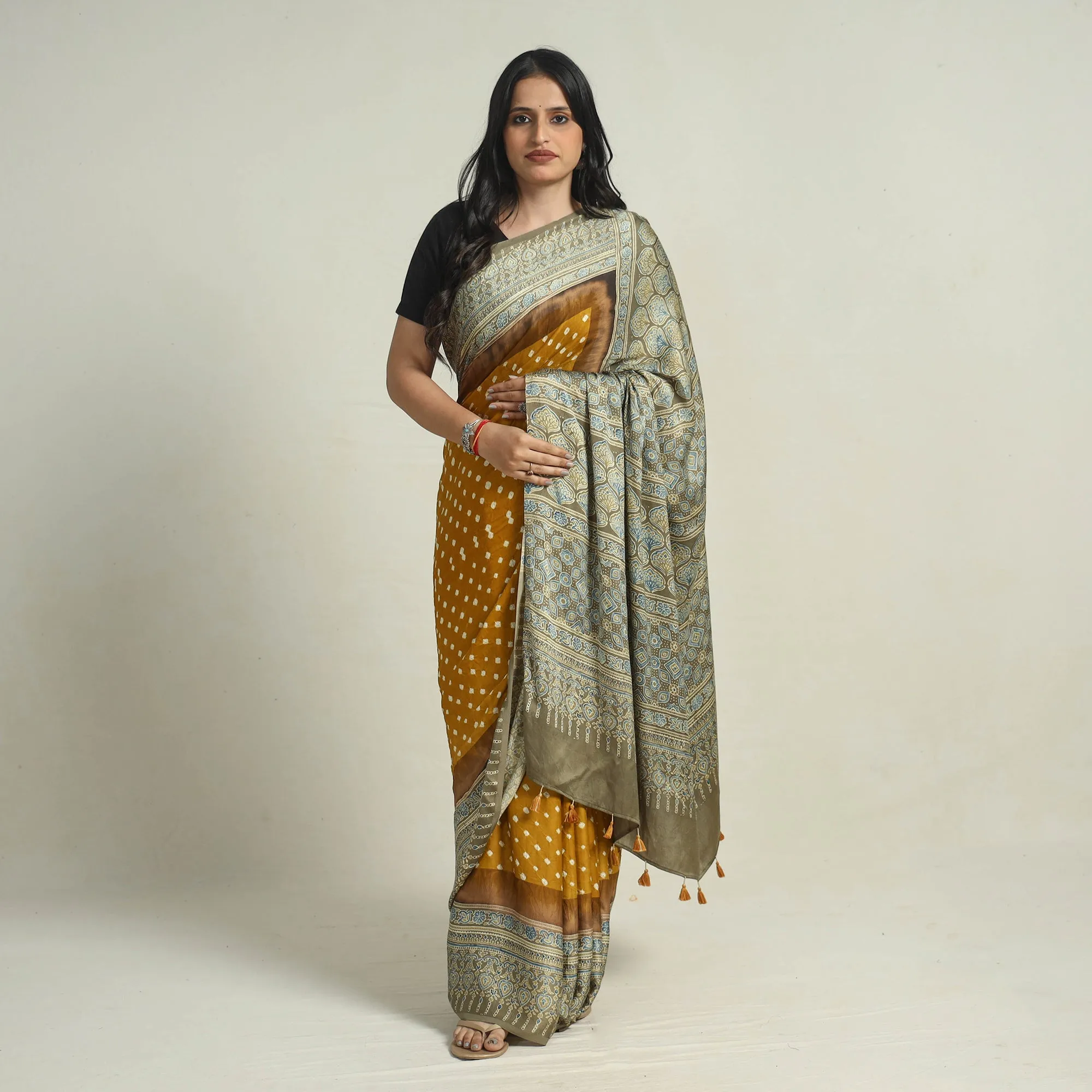 Brown - Bandhani Block Printed Ajrakh Modal Silk Saree 01