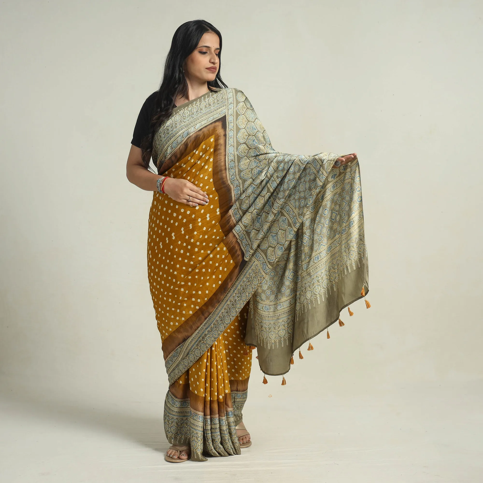 Brown - Bandhani Block Printed Ajrakh Modal Silk Saree 01