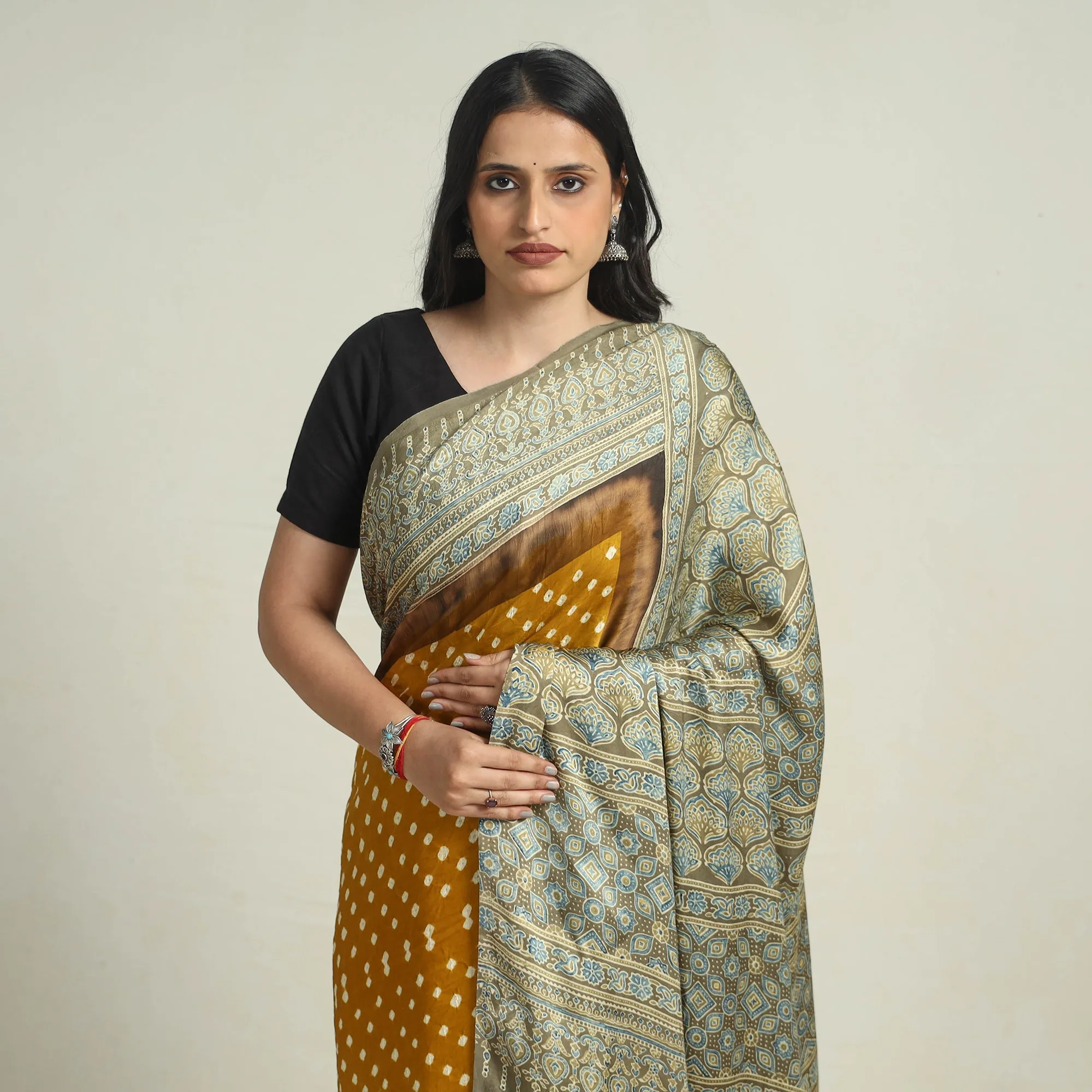 Brown - Bandhani Block Printed Ajrakh Modal Silk Saree 01