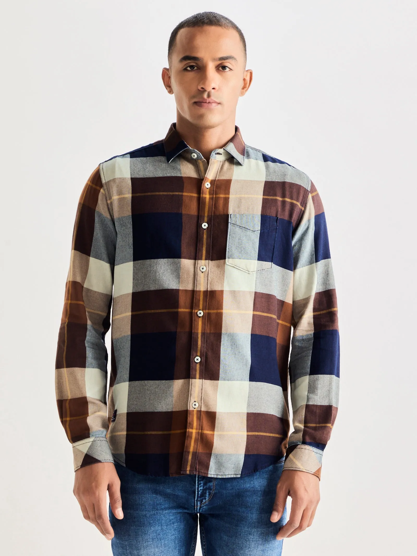 Brown Checked Denim Shirt