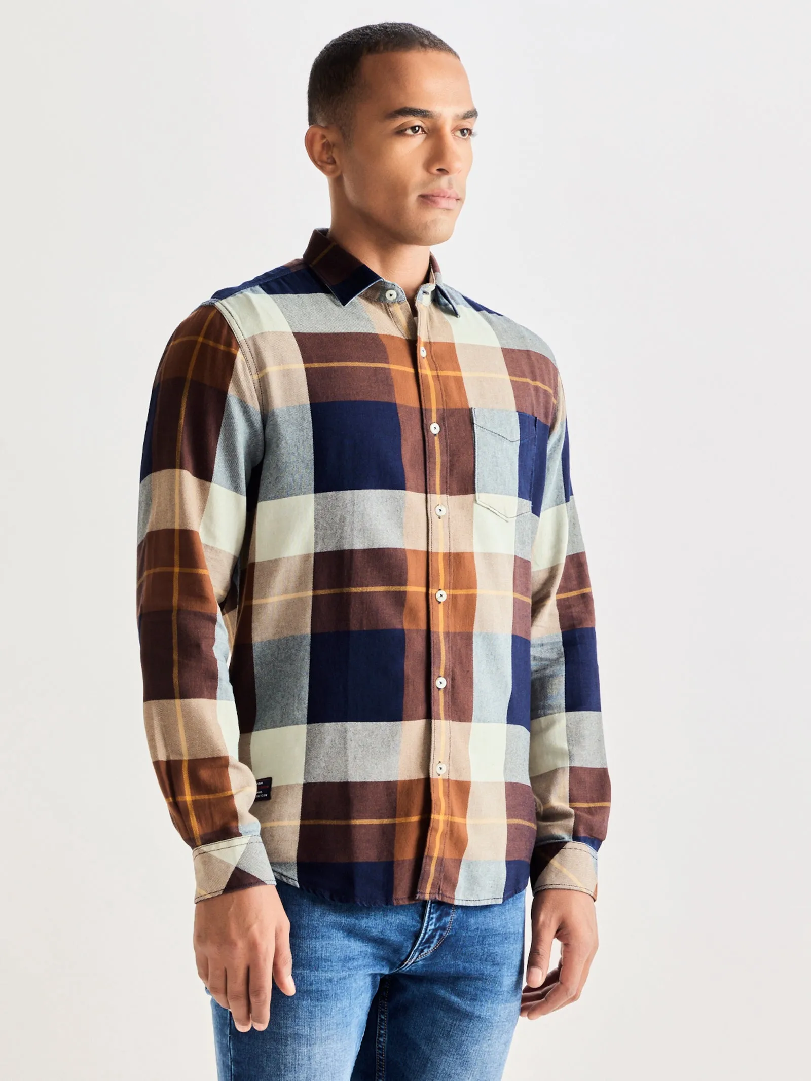 Brown Checked Denim Shirt