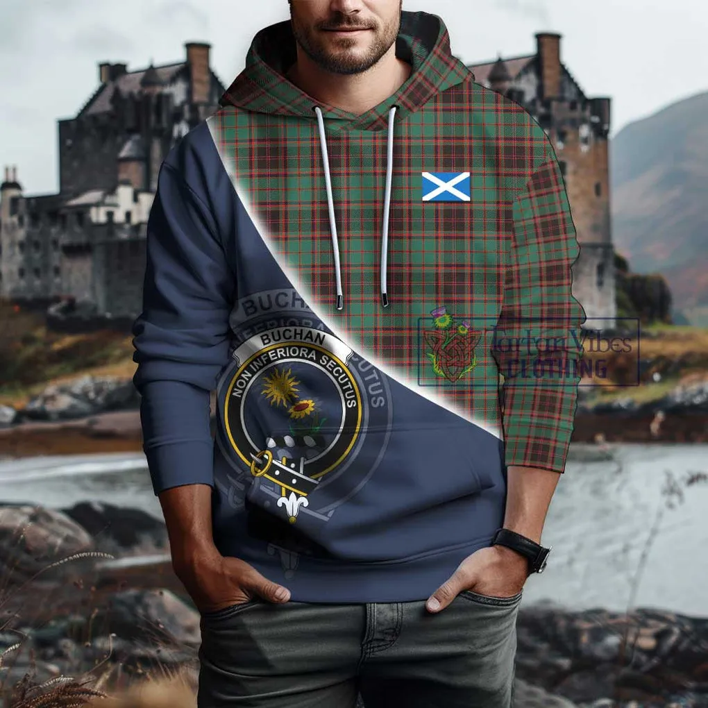 Buchan Ancient Tartan Hoodie with Personalised National Flag and Family Crest Half Style