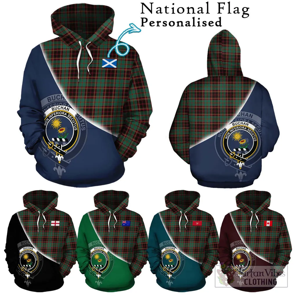 Buchan Ancient Tartan Hoodie with Personalised National Flag and Family Crest Half Style