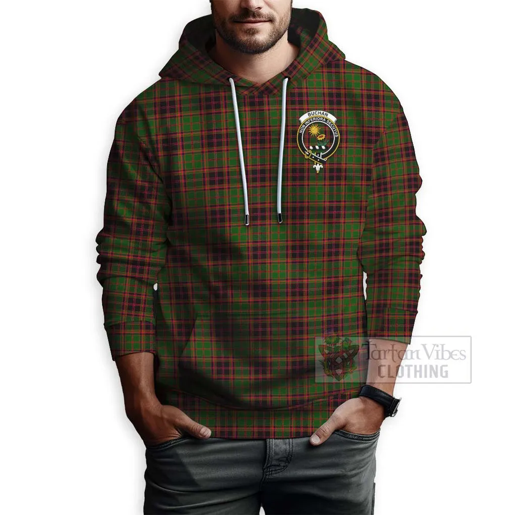 Buchan Tartan Hoodie with Family Crest and Bearded Skull Holding Bottles of Whiskey