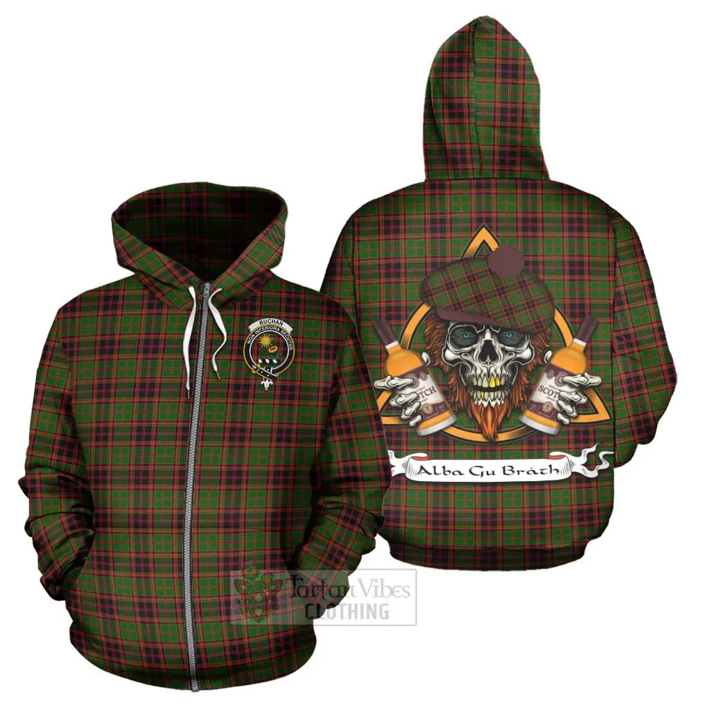 Buchan Tartan Hoodie with Family Crest and Bearded Skull Holding Bottles of Whiskey