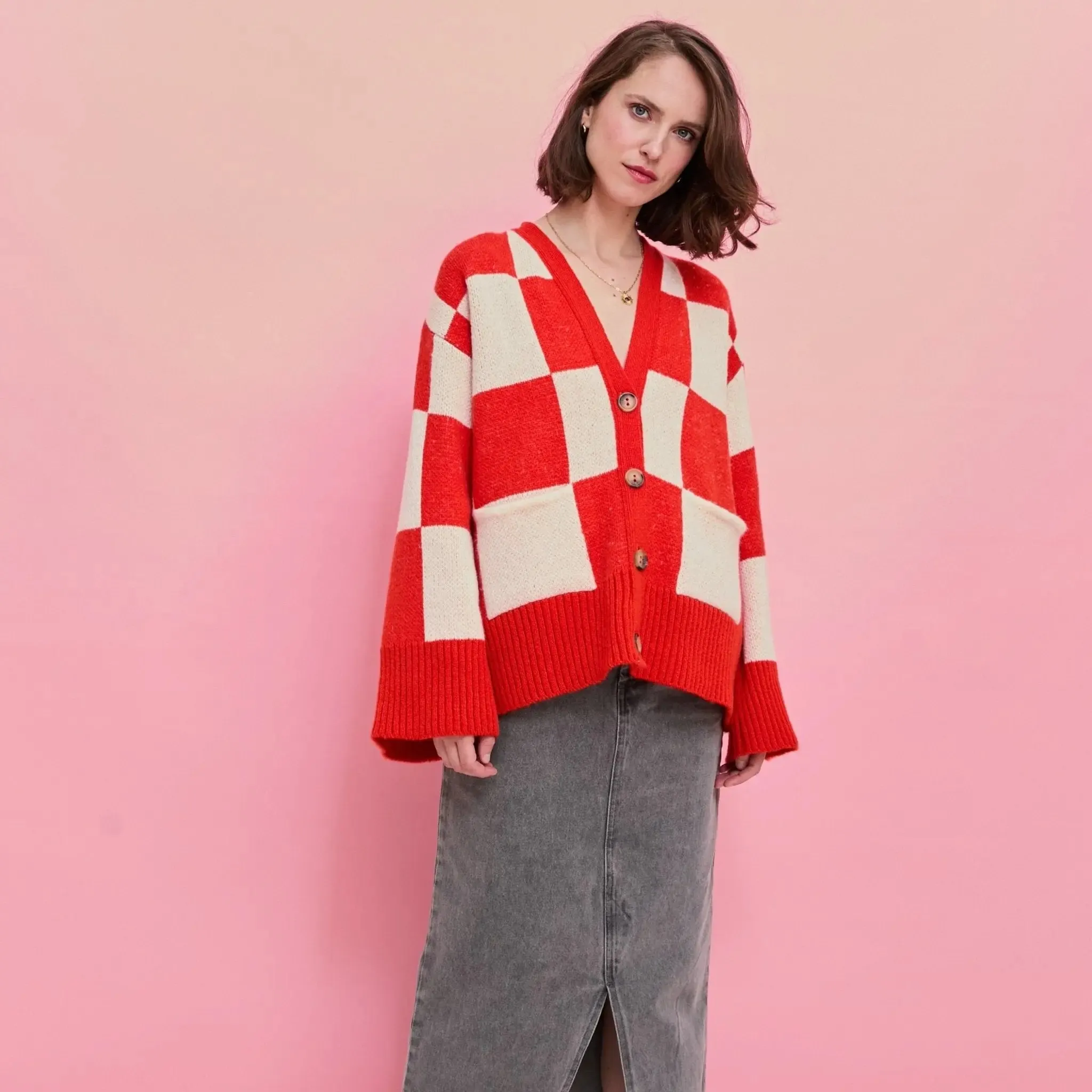 Candice Checked Wide Sleeve Cardigan - Red & White