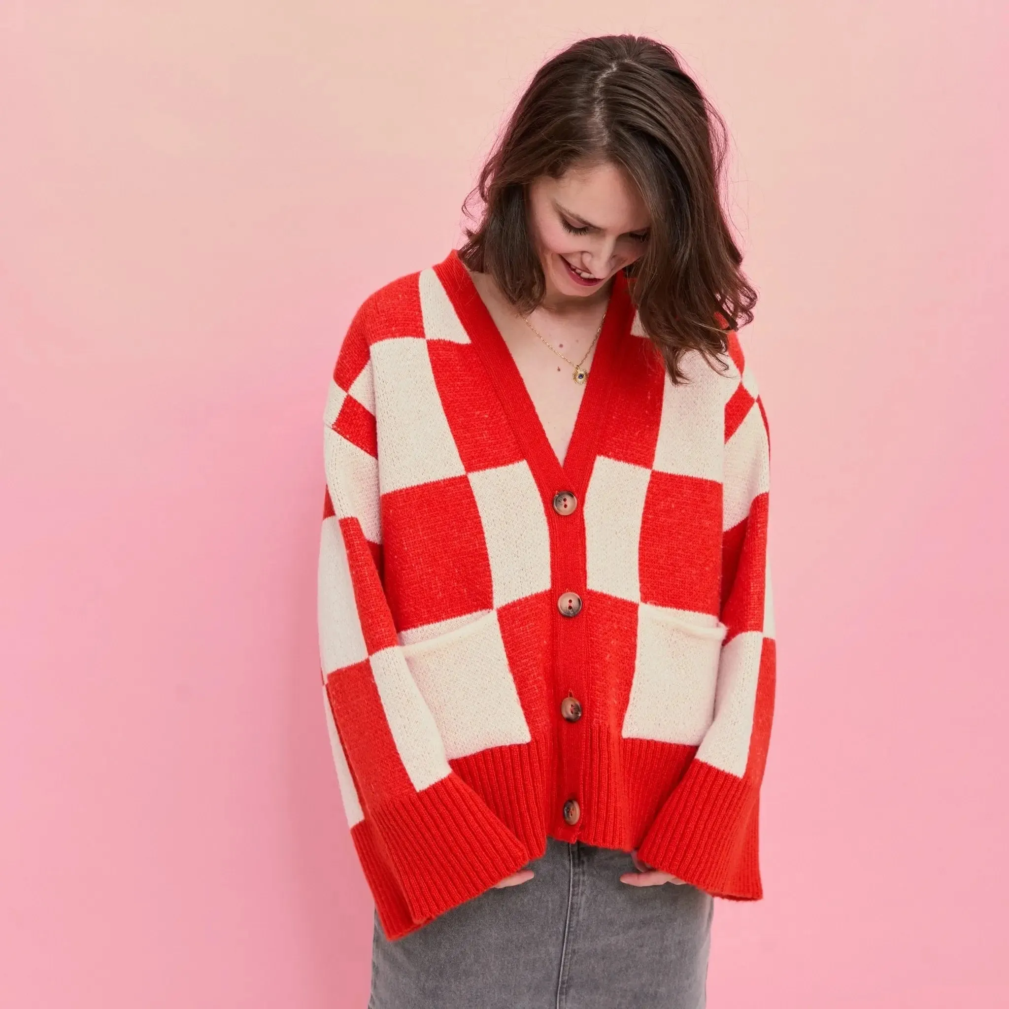 Candice Checked Wide Sleeve Cardigan - Red & White