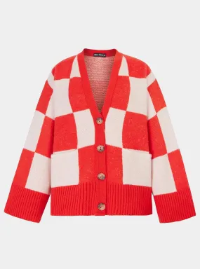 Candice Checked Wide Sleeve Cardigan - Red & White