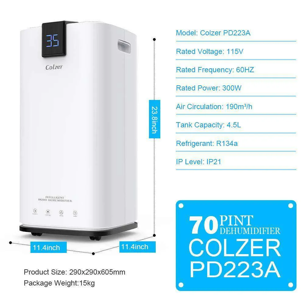 Colzer Colzer-001 Large Capacity 70 Pints Compact Portable Dehumidifier with Continuous Drain Outlet New