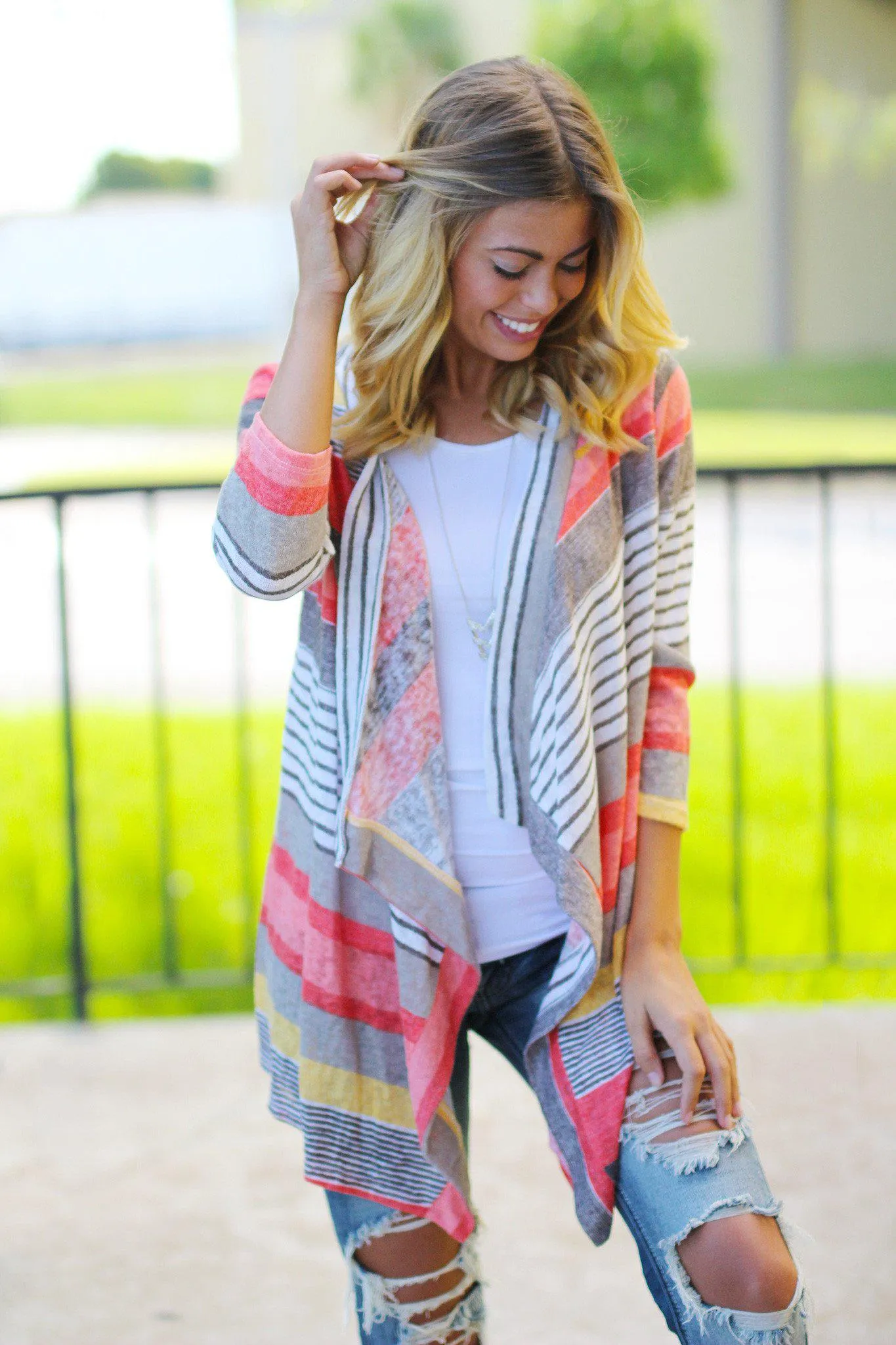 Coral and Yellow Cardigan