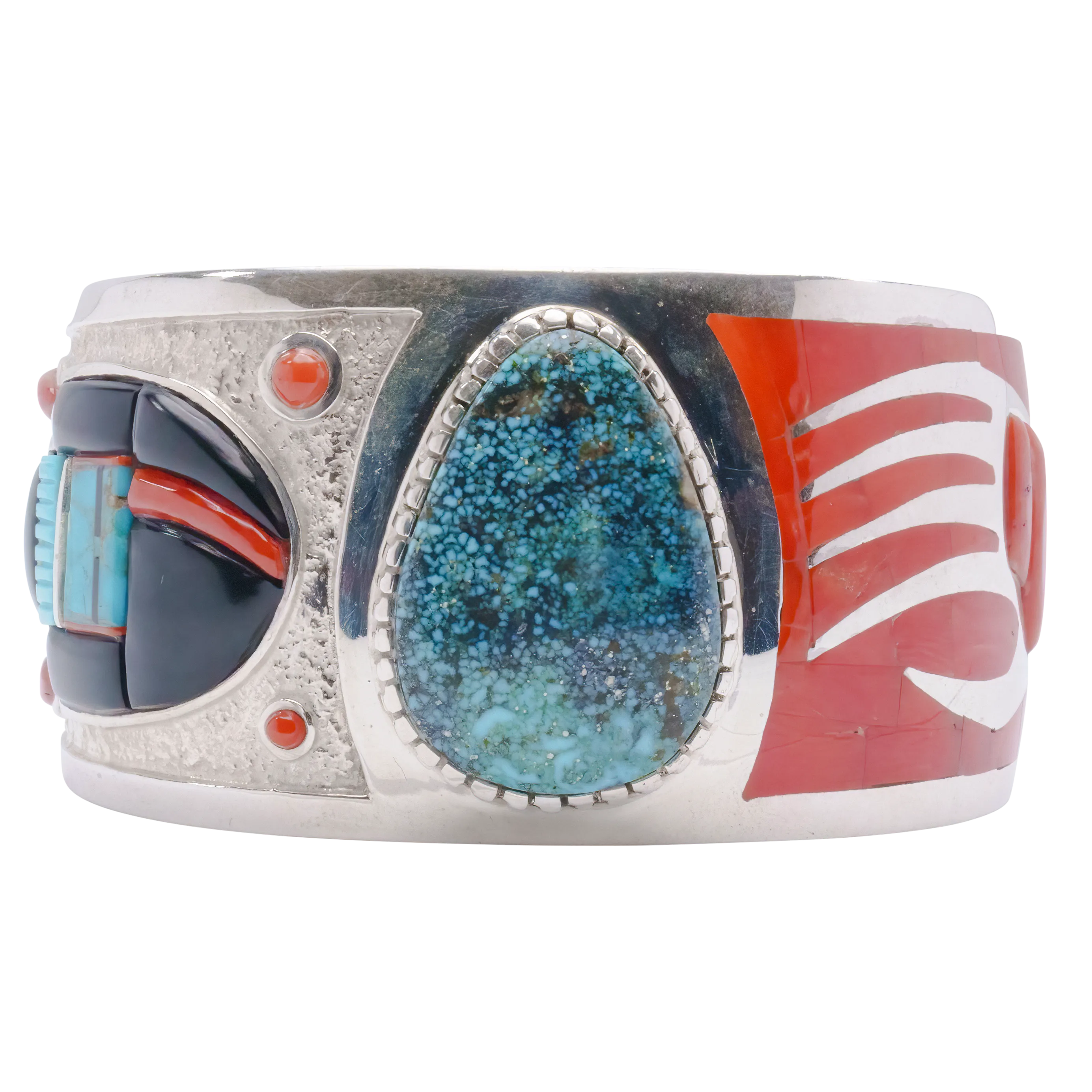 Corn Maiden & Badger Cuff with Spiderweb Kingman Turquoise, Coral, & Jet | Michael Perry