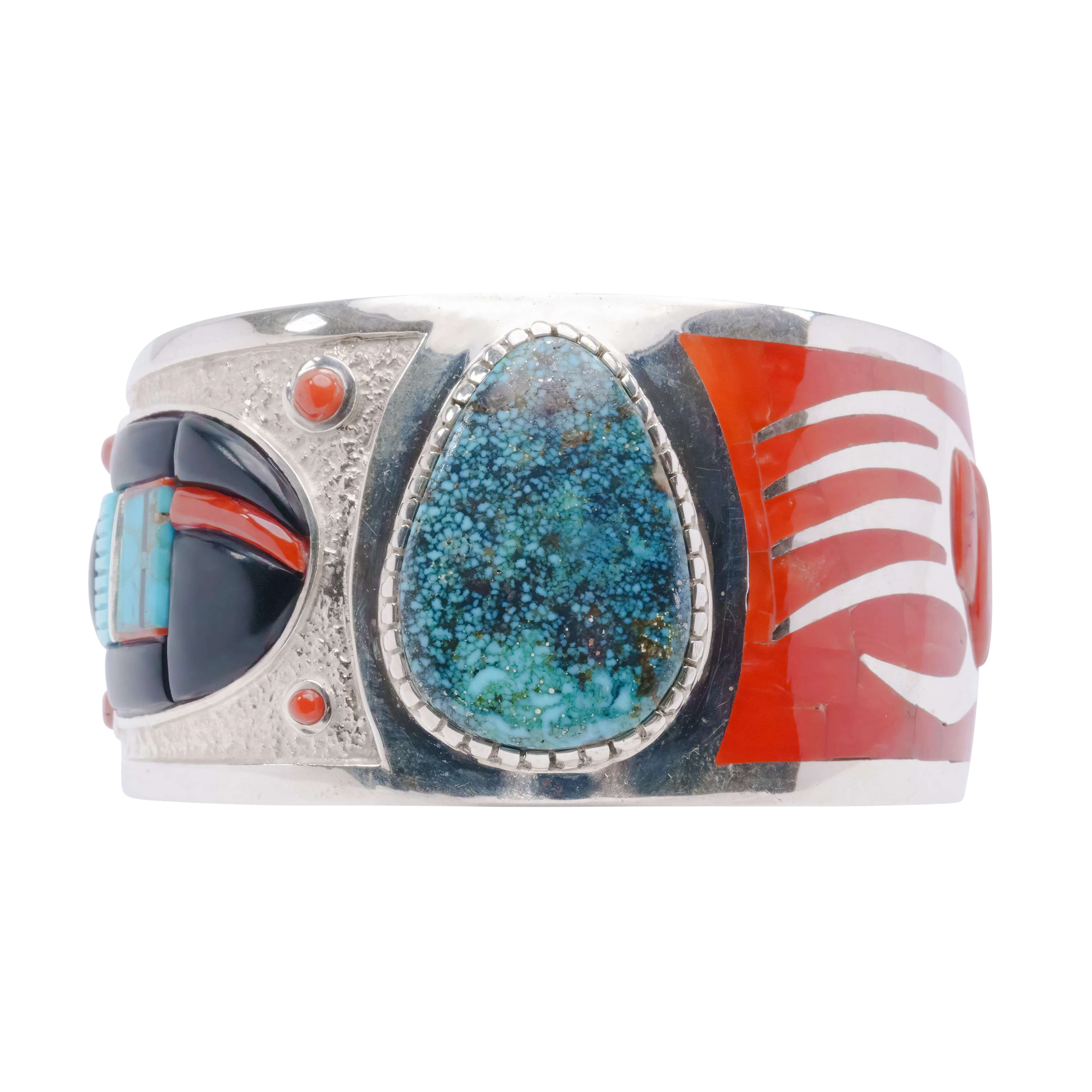 Corn Maiden & Badger Cuff with Spiderweb Kingman Turquoise, Coral, & Jet | Michael Perry