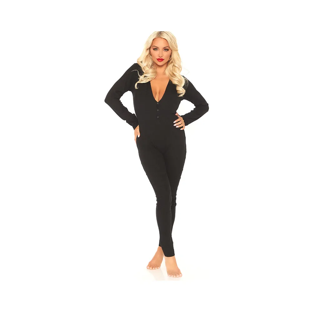 Cozy Brushed Rib Long Johns With Cheeky Snap Closure Back Flap. Black Med/lge