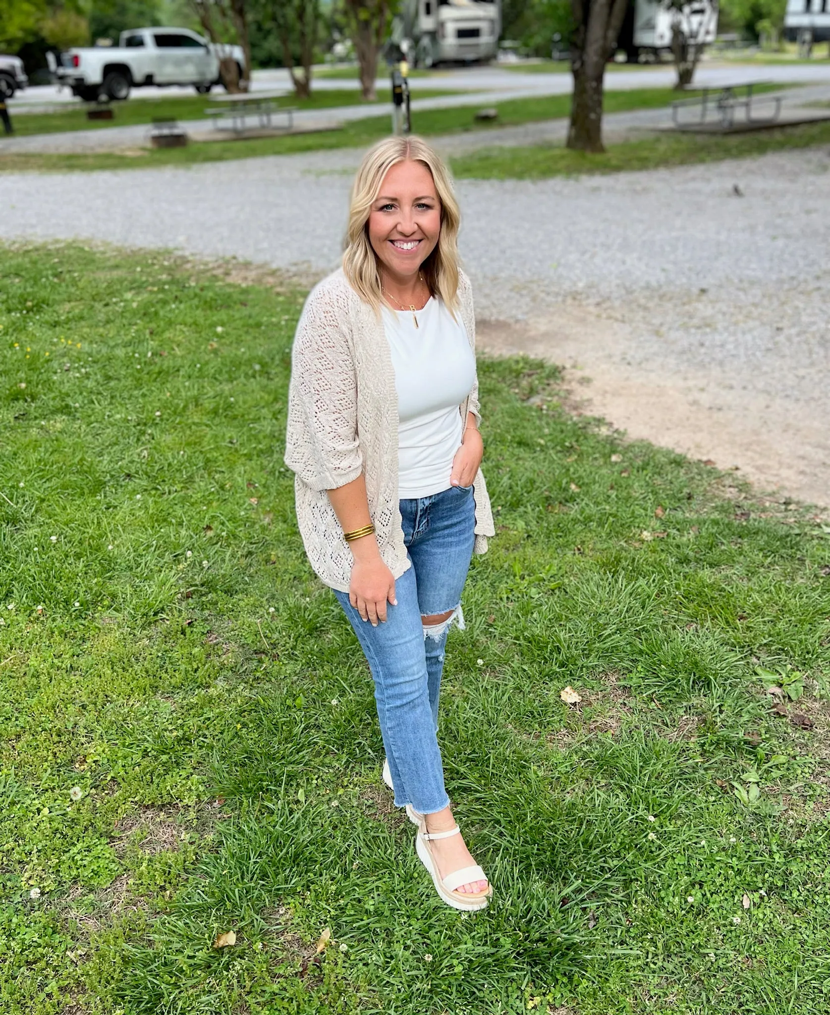 Crochet All Day Half Sleeve Cardigan-Oatmeal