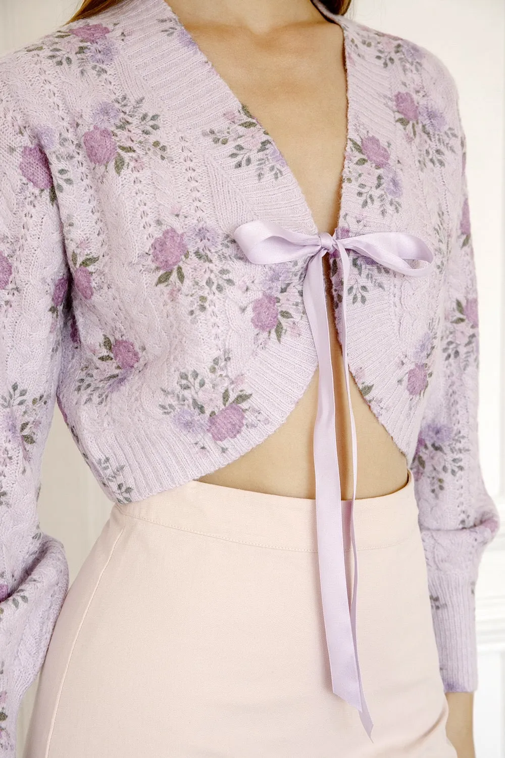 Cropped Floral Front Bow Tie Cardigan