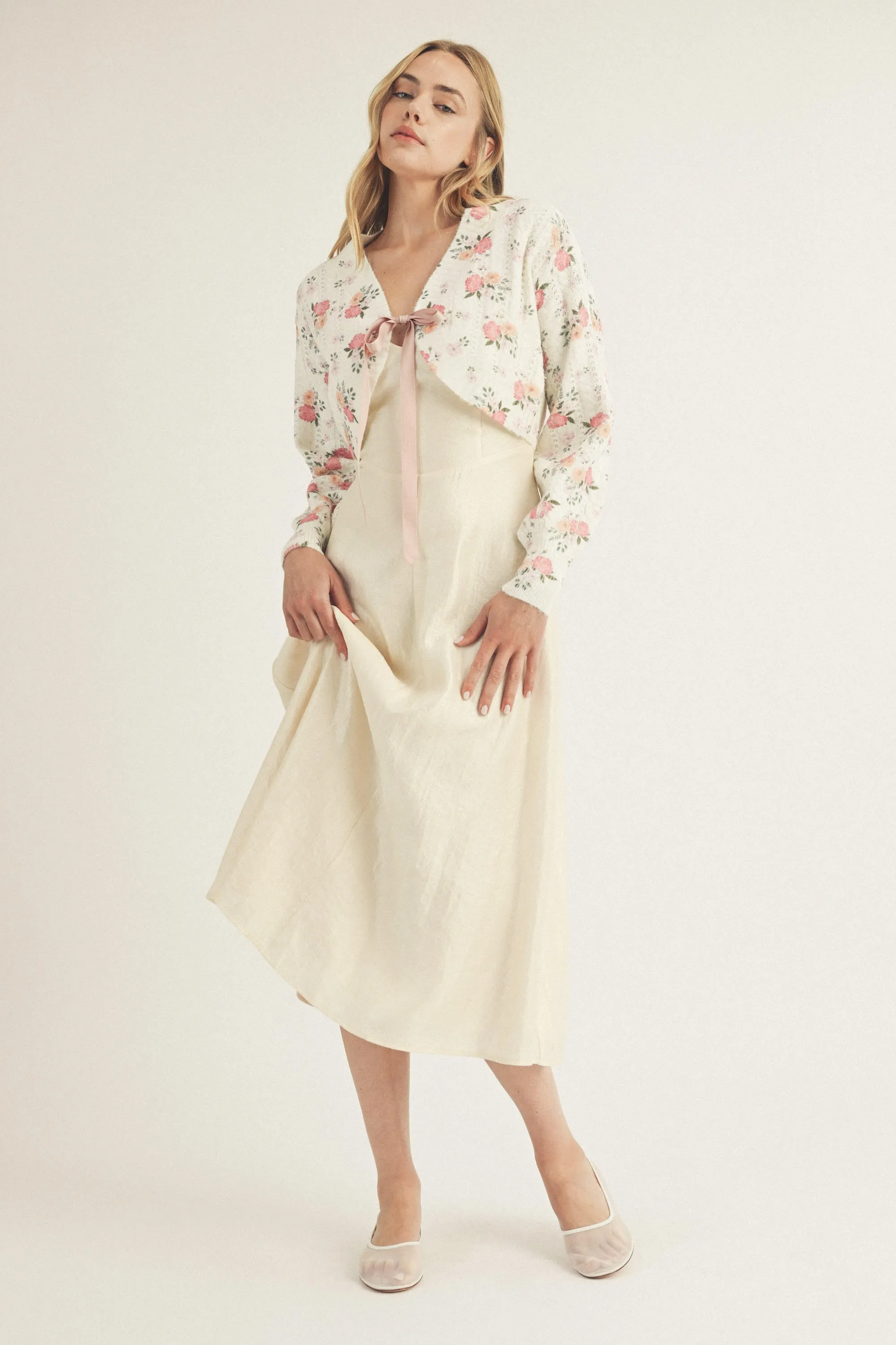 Cropped Floral Front Bow Tie Cardigan